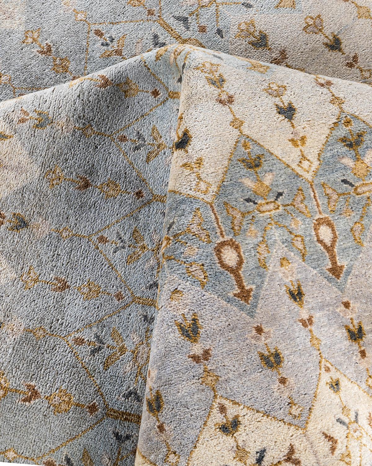 Alfombra Ikat Tradicional de Lana Floral Anudada a Mano Gris 9' 1