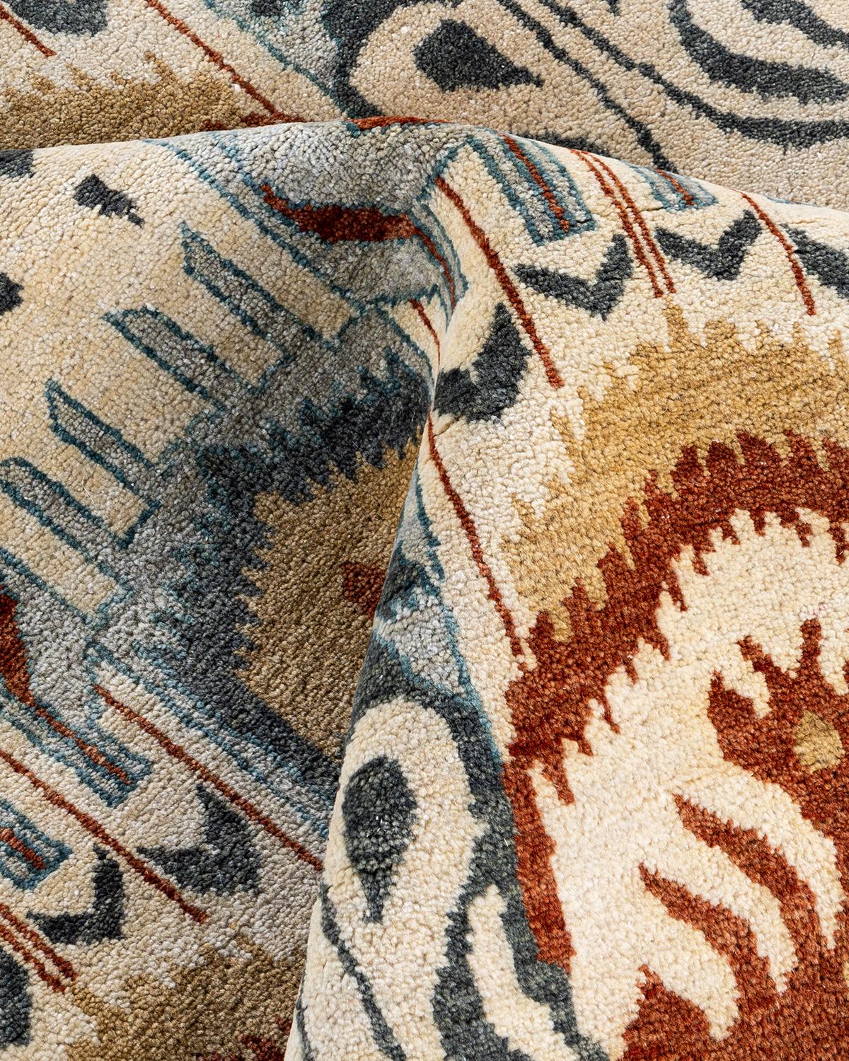 Laine Tapis traditionnel Ikat gris en laine à fleurs nouées à la main 9' 1