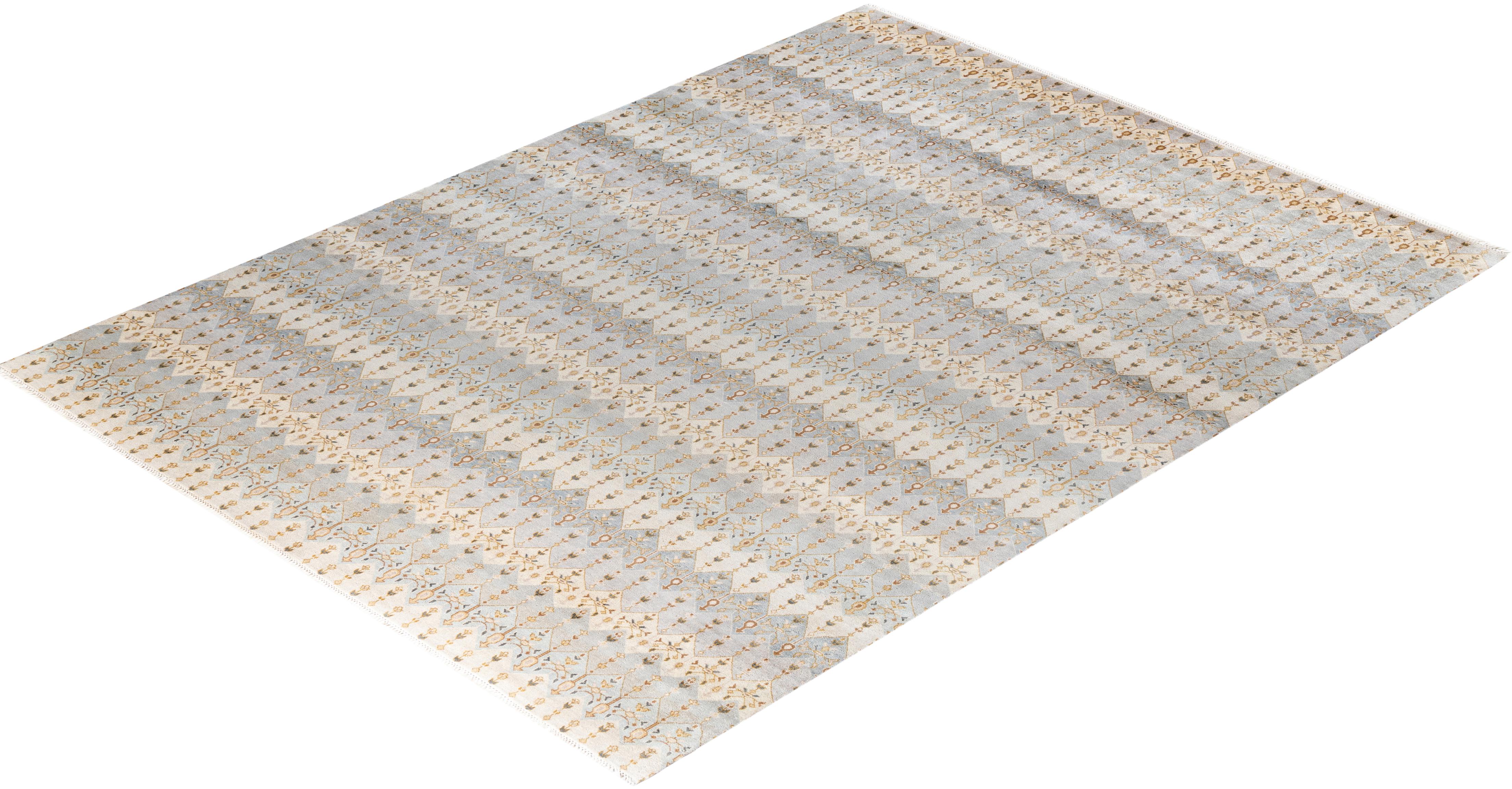 Alfombra Ikat Tradicional de Lana Floral Anudada a Mano Gris 9' 1