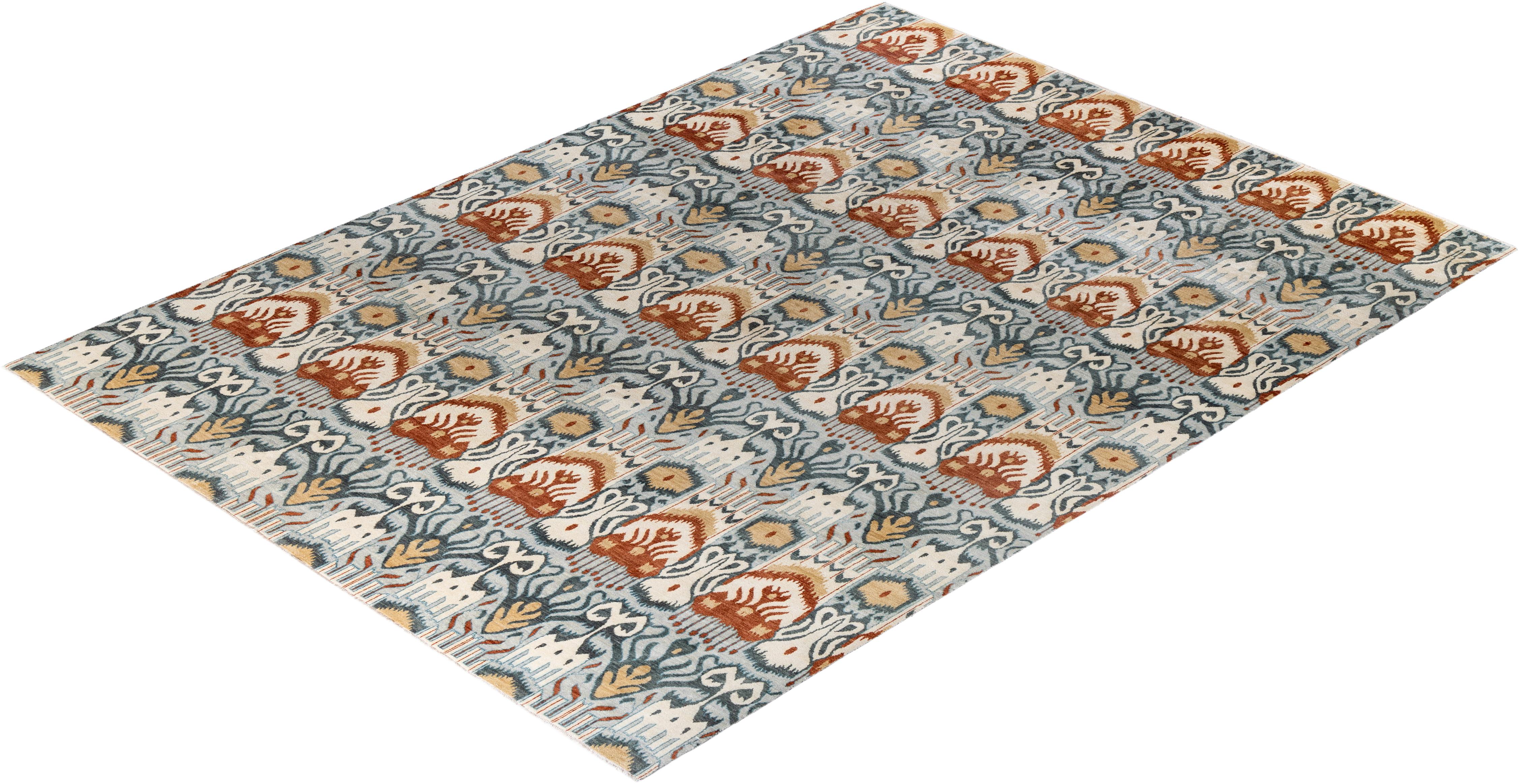 Tapis traditionnel Ikat gris en laine à fleurs nouées à la main 9' 1