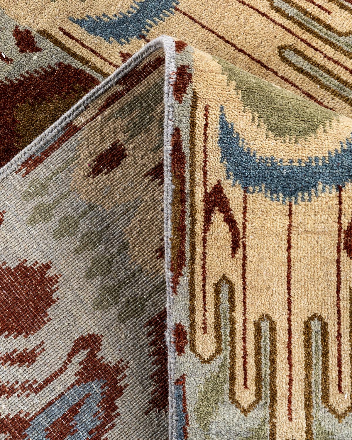 Contemporary Traditional Ikat Hand Knotted Floral Wool Gray Area Rug 9' 1
