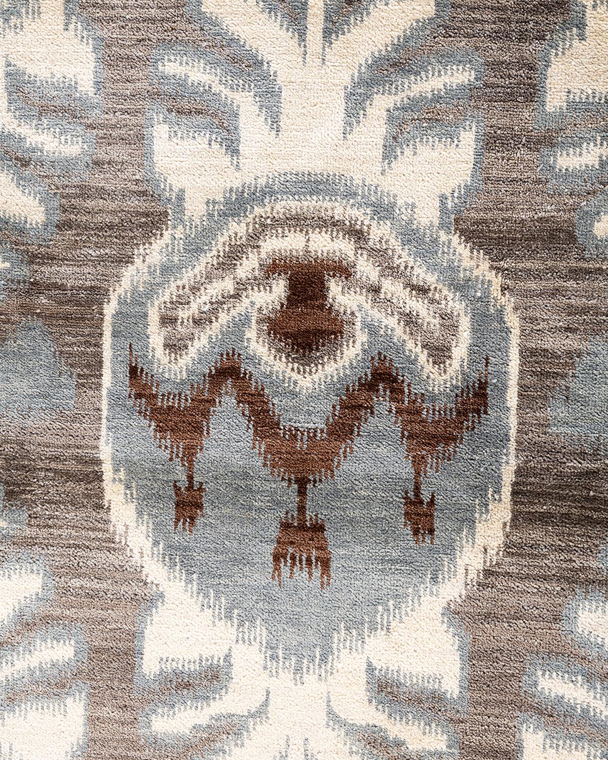 Traditioneller handgeknüpfter, grauer Ikat-Teppich aus geblümter Wolle 9' 1