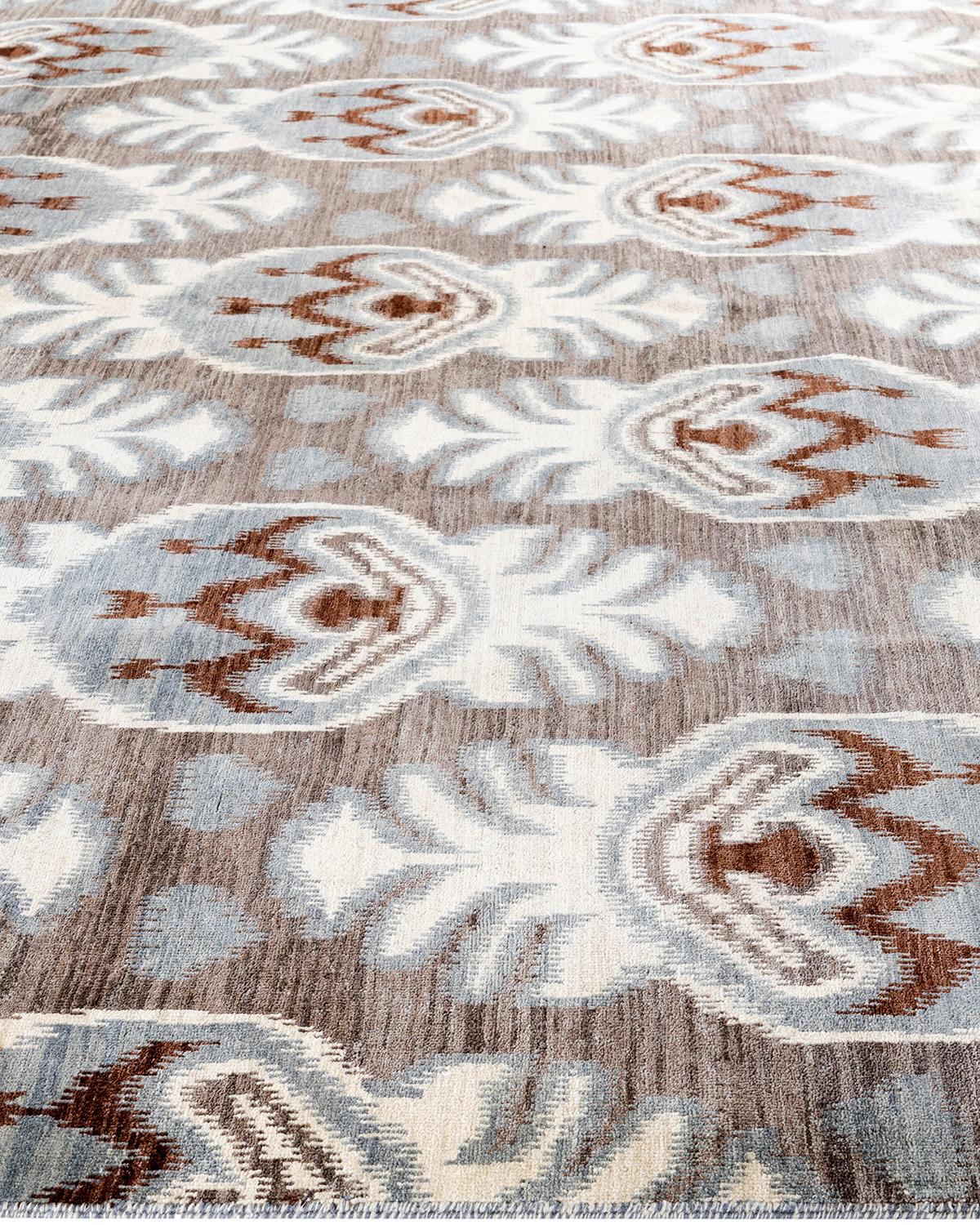 Traditioneller handgeknüpfter, grauer Ikat-Teppich aus geblümter Wolle 9' 1