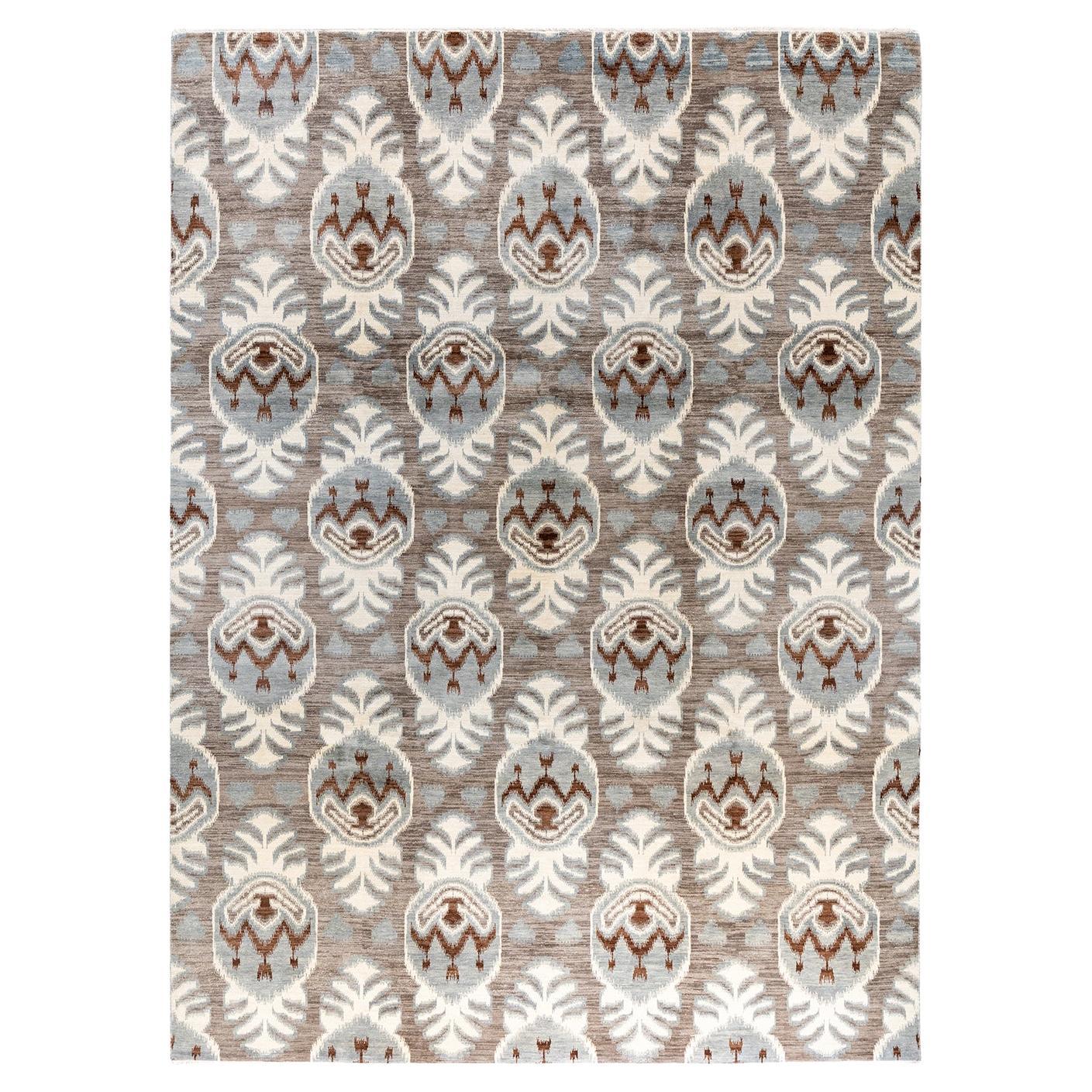 Traditional Ikat Hand Knotted Floral Wool Gray Area Rug 9' 1" x 12' 5"