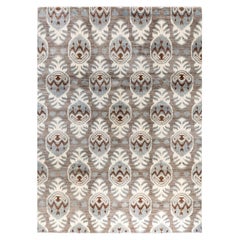 Traditional Ikat Hand Knotted Floral Wool Gray Area Rug 9' 1" x 12' 5"