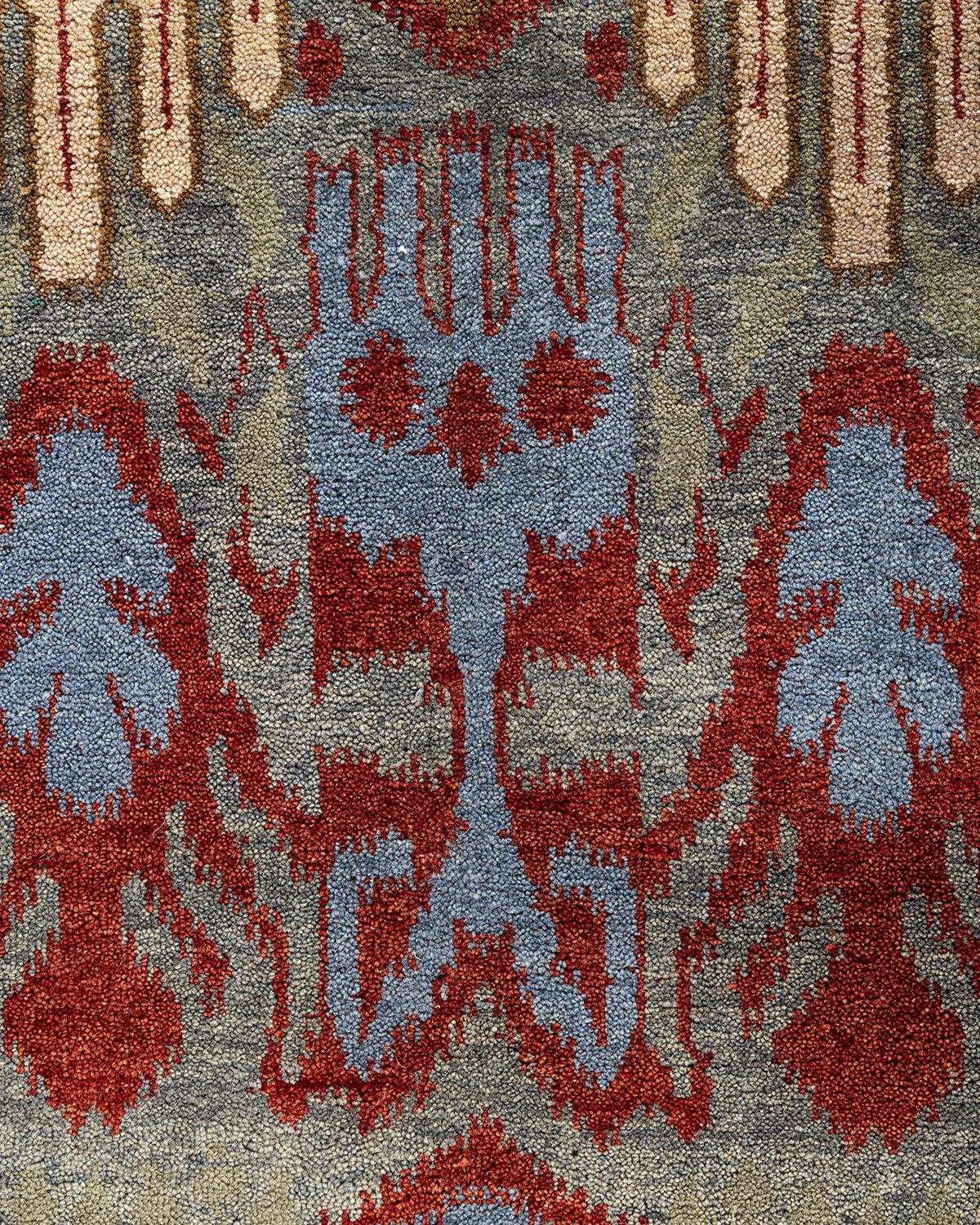 Indian Traditional Ikat Hand Knotted Floral Wool Gray Area Rug 9' 2