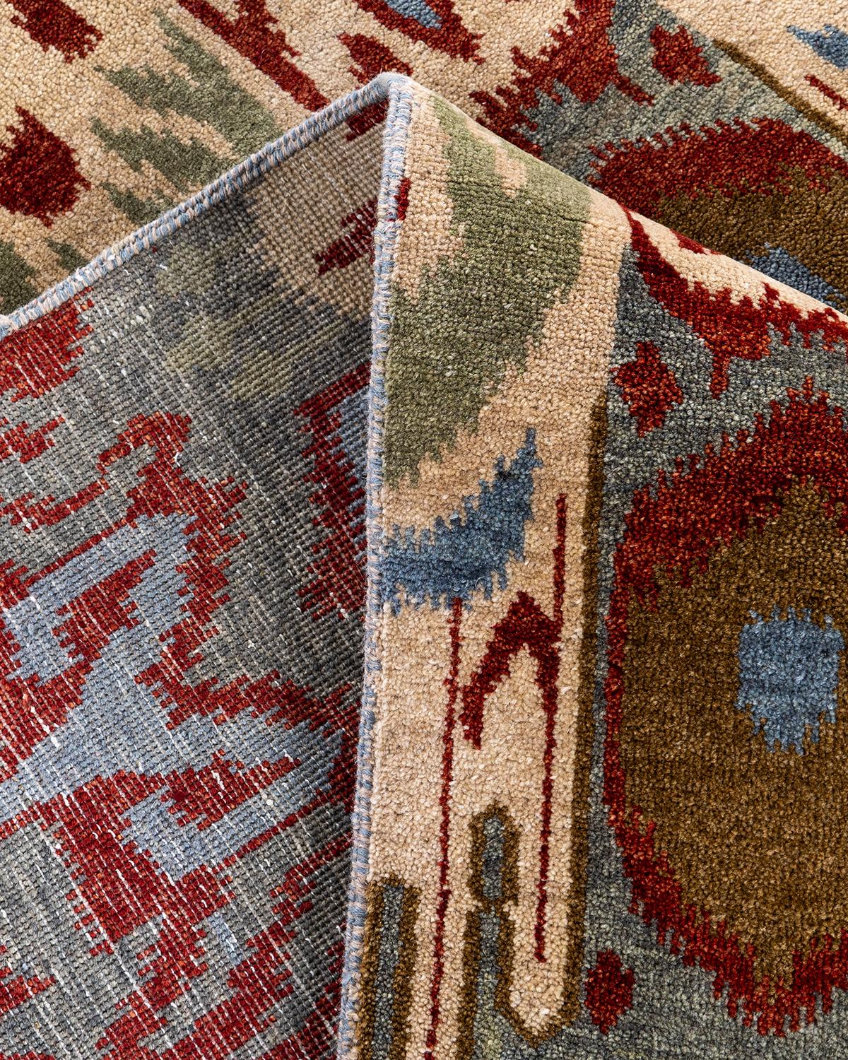 Contemporary Traditional Ikat Hand Knotted Floral Wool Gray Area Rug 9' 2