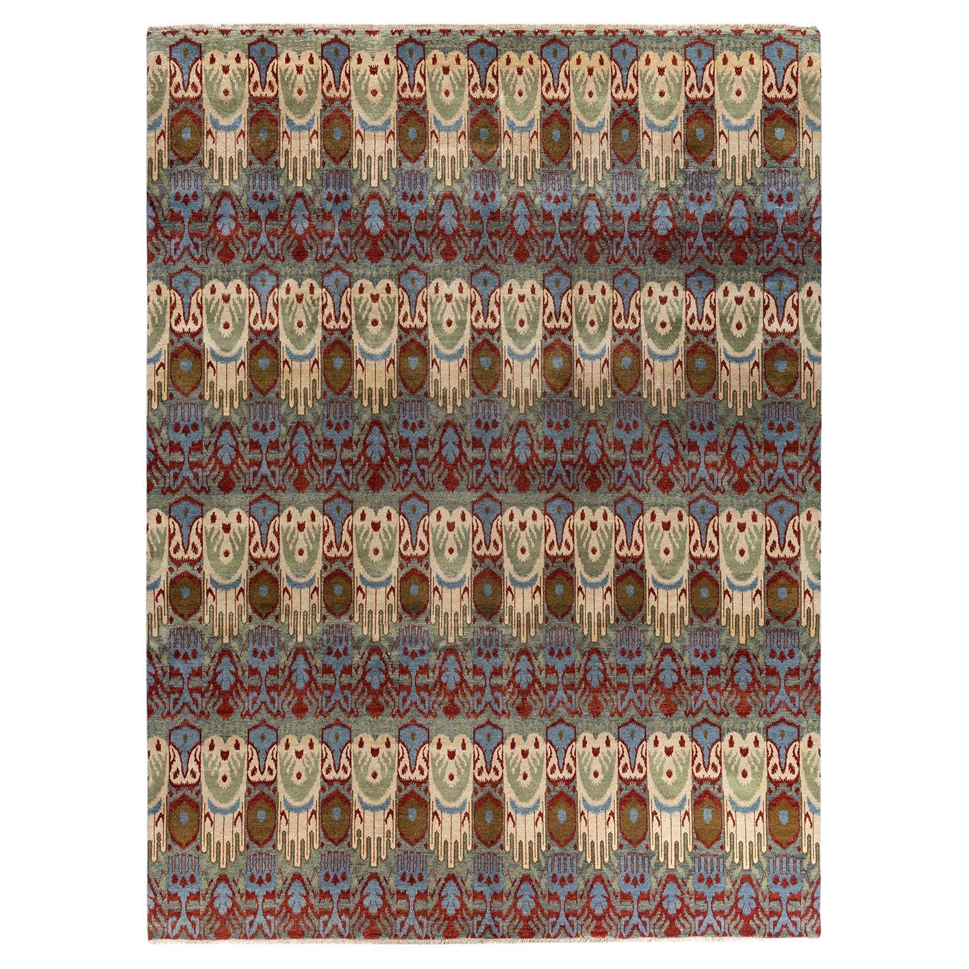Traditional Ikat Hand Knotted Floral Wool Gray Area Rug 9' 2" x 12' 3" For Sale