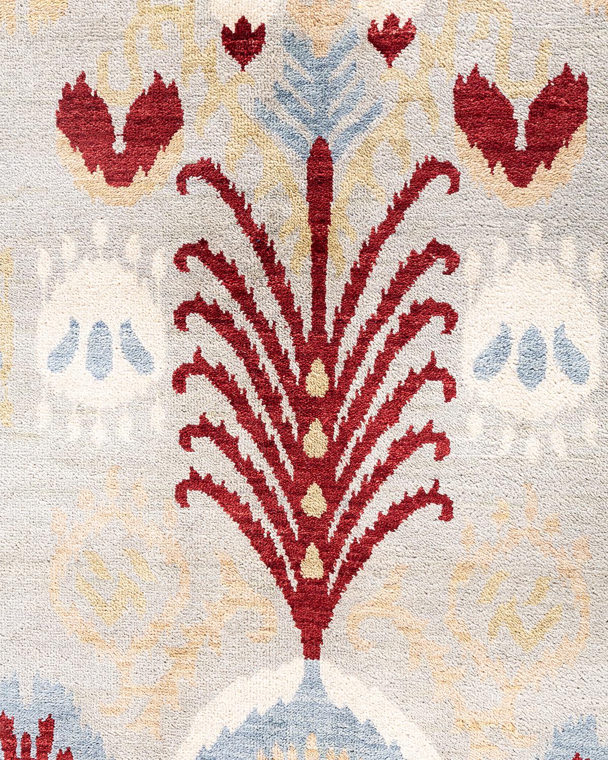 Indian Traditional Ikat Hand Knotted Floral Wool Gray Area Rug 9' 3