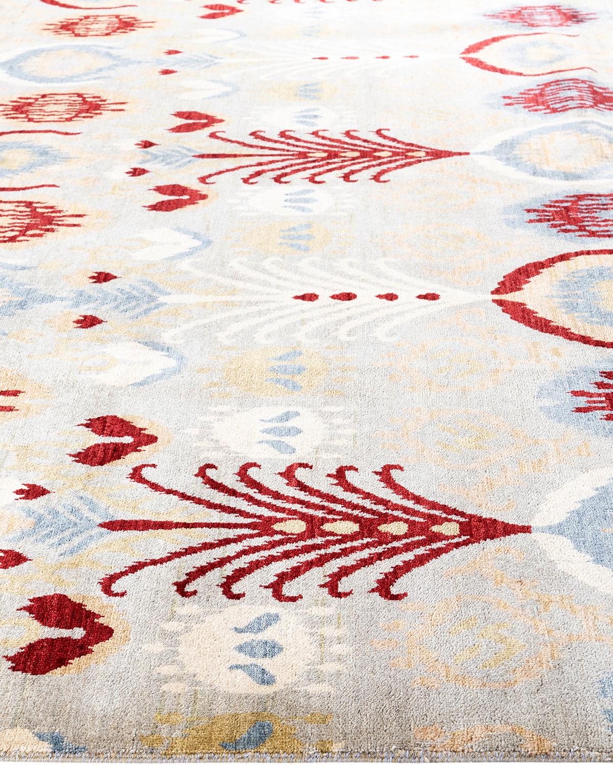 Hand-Knotted Traditional Ikat Hand Knotted Floral Wool Gray Area Rug 9' 3
