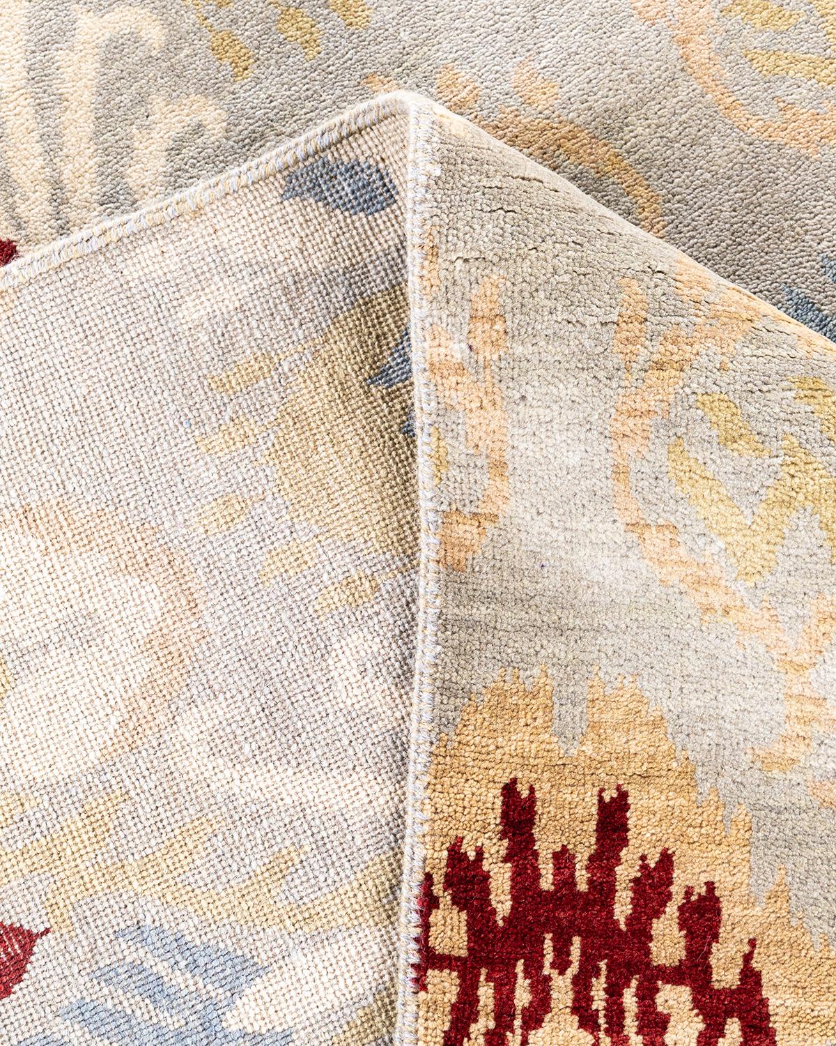 Contemporary Traditional Ikat Hand Knotted Floral Wool Gray Area Rug 9' 3