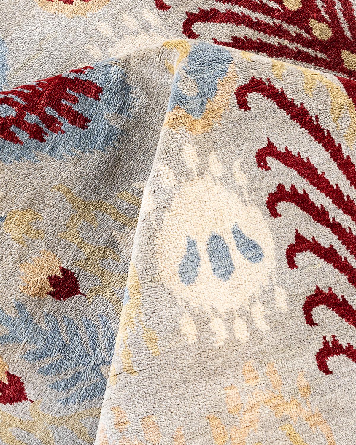 Traditional Ikat Hand Knotted Floral Wool Gray Area Rug 9' 3