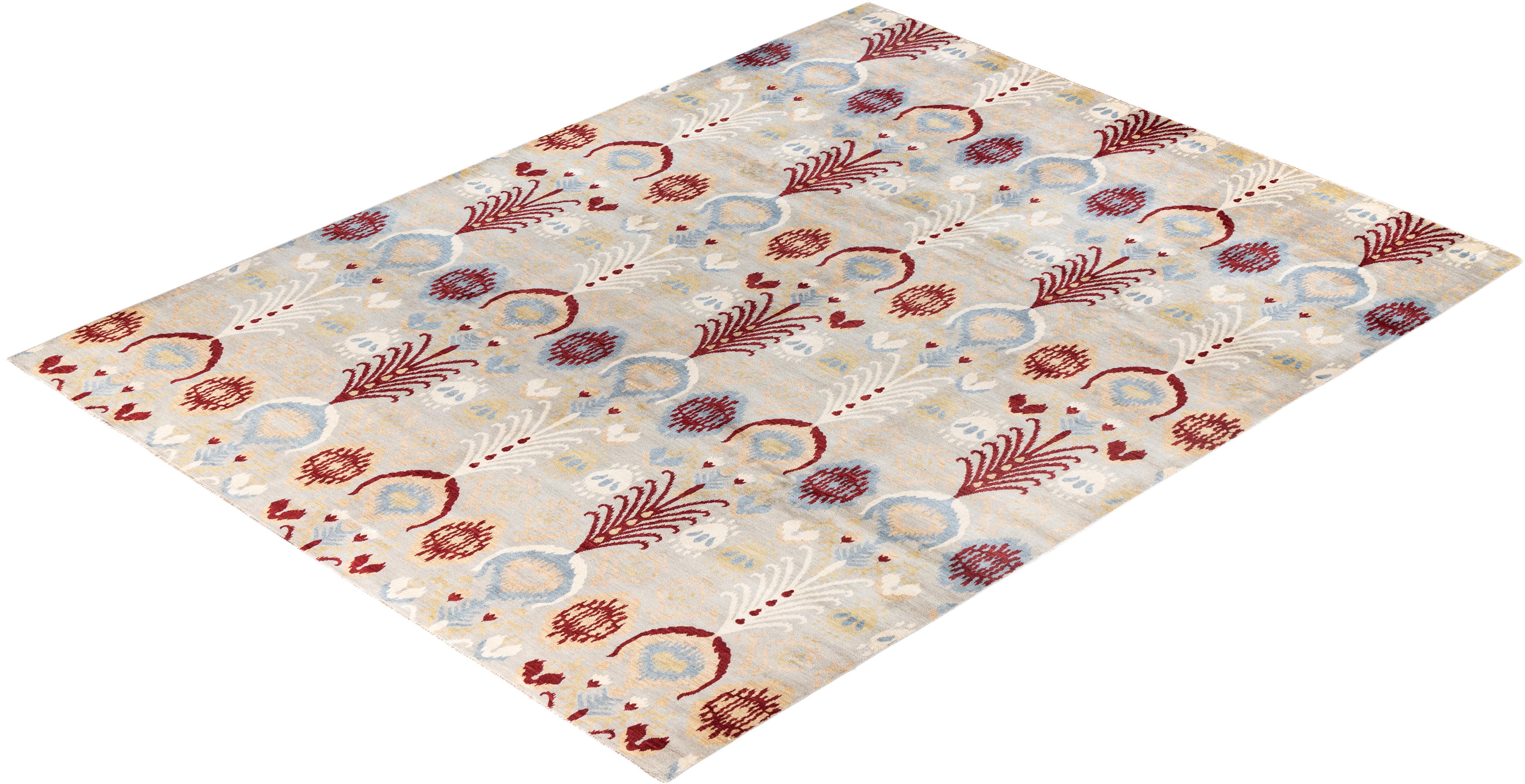 Traditional Ikat Hand Knotted Floral Wool Gray Area Rug 9' 3