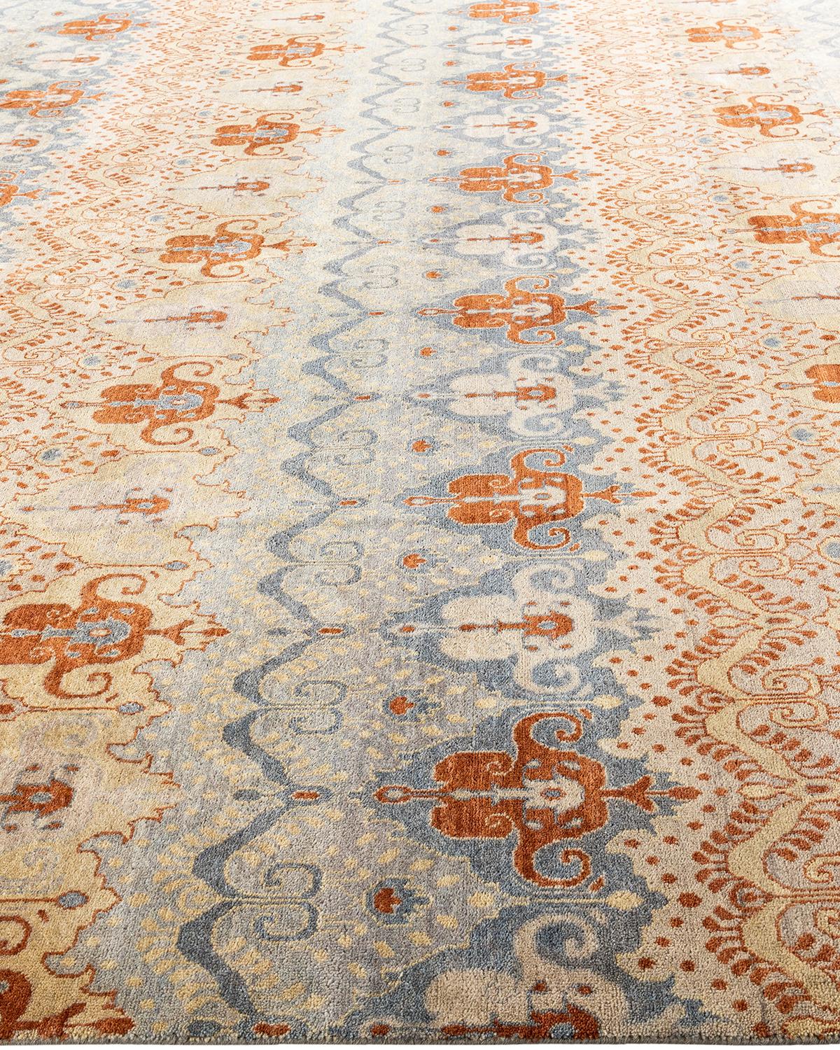 Hand-Knotted Traditional Ikat Hand Knotted Floral Wool Gray Area Rug 9' 3