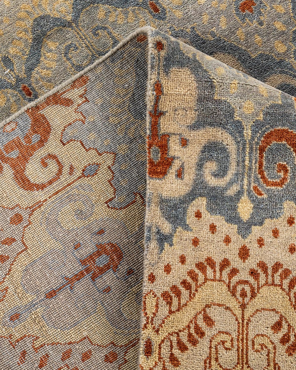 Contemporary Traditional Ikat Hand Knotted Floral Wool Gray Area Rug 9' 3