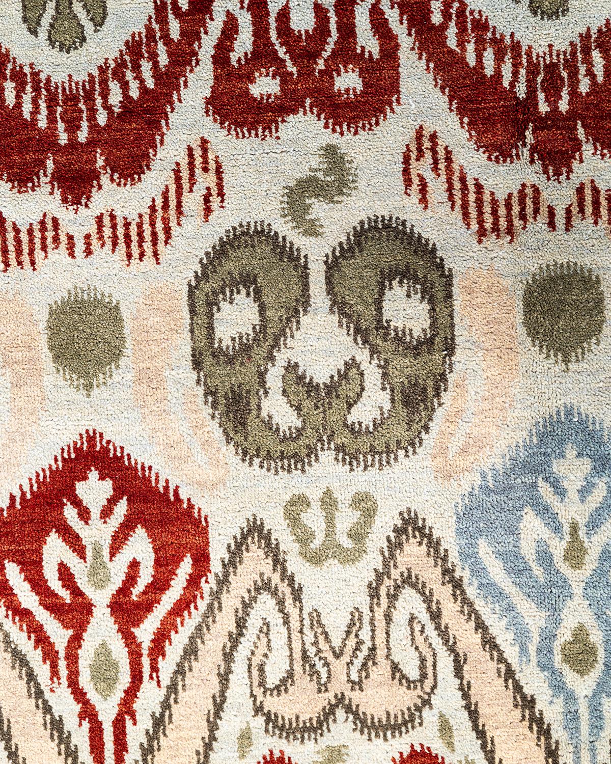Indian Traditional Ikat Hand Knotted Floral Wool Green Area Rug 8' 2