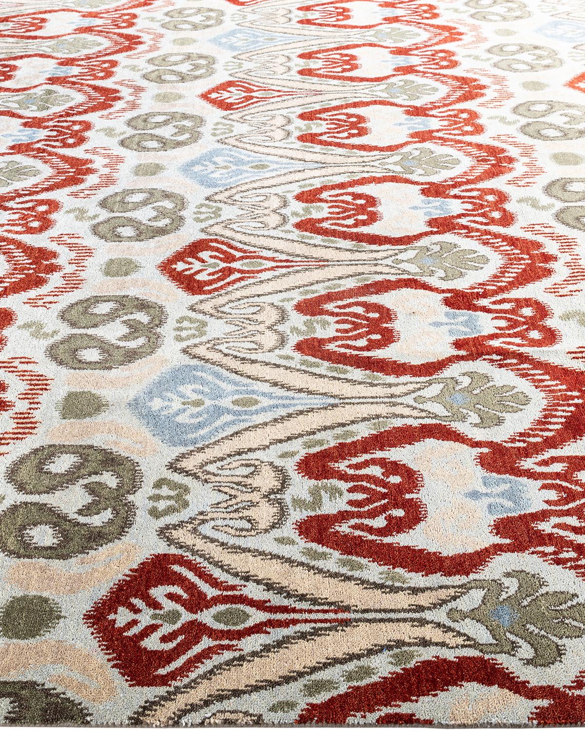 Hand-Knotted Traditional Ikat Hand Knotted Floral Wool Green Area Rug 8' 2