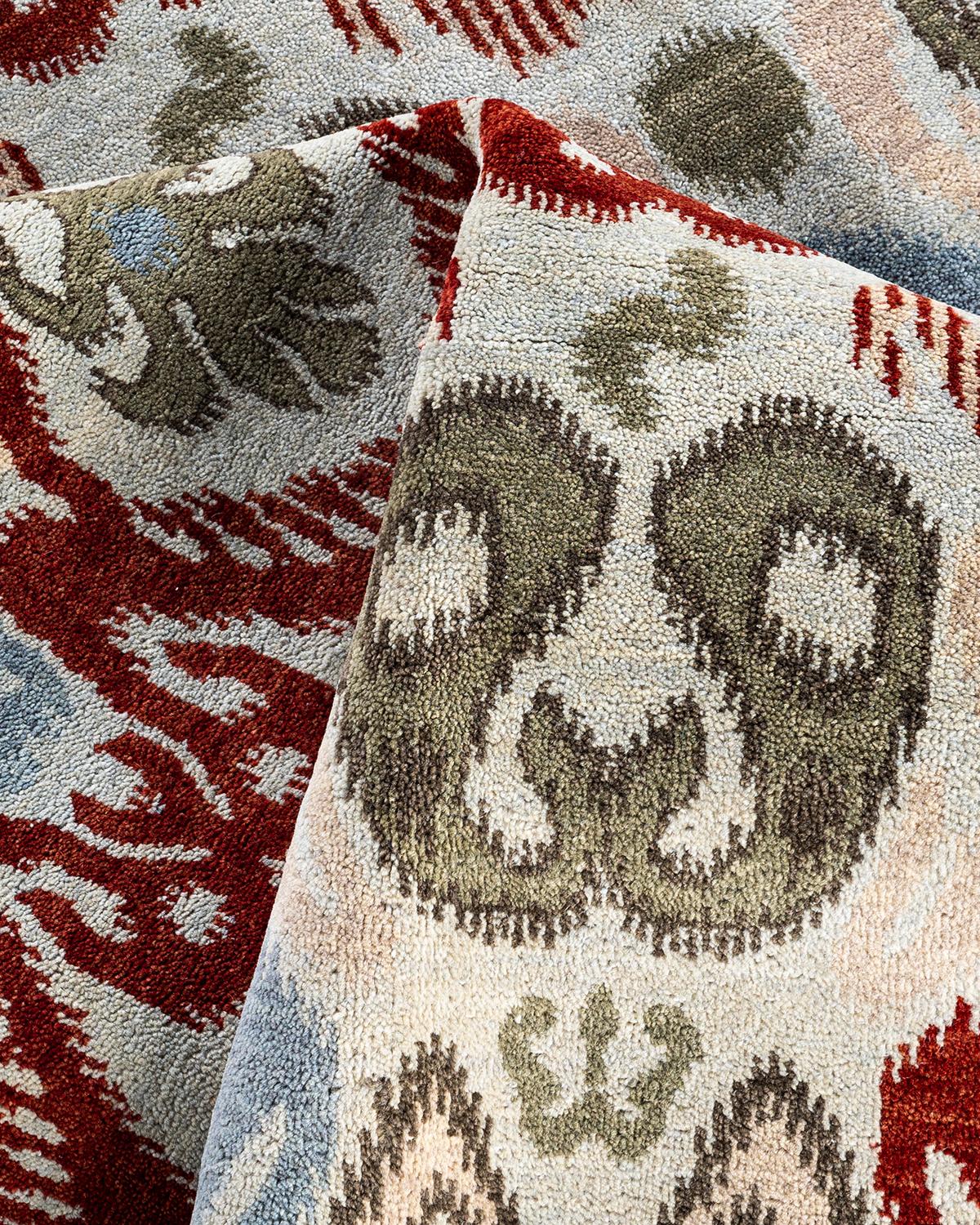 Traditional Ikat Hand Knotted Floral Wool Green Area Rug 8' 2