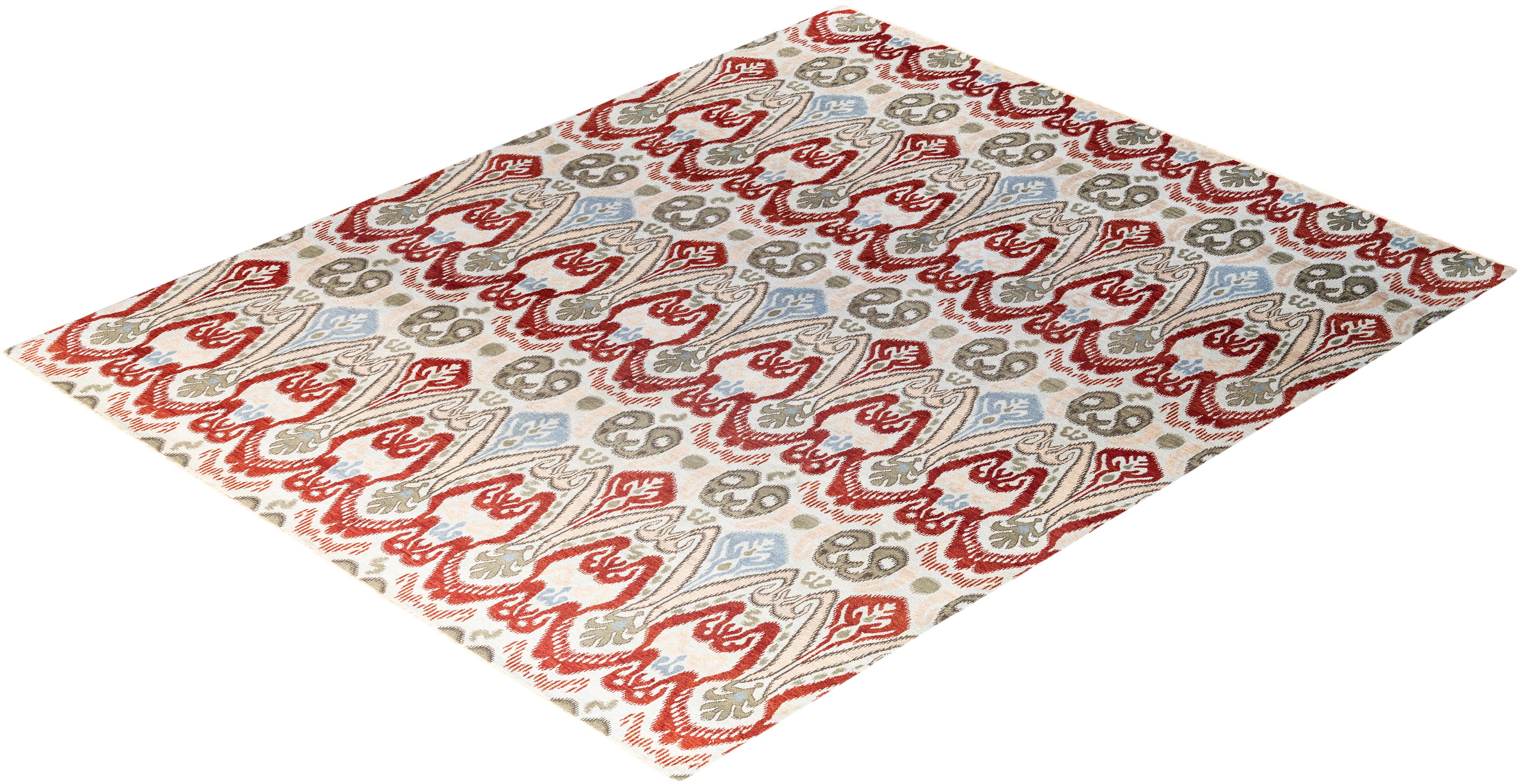 Traditional Ikat Hand Knotted Floral Wool Green Area Rug 8' 2