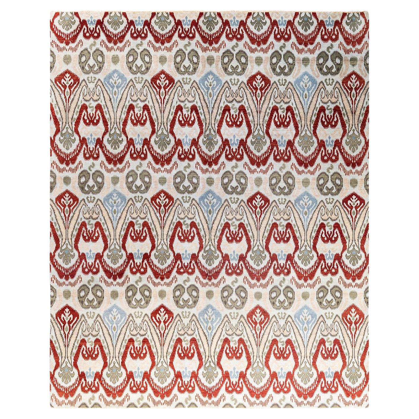 Traditional Ikat Hand Knotted Floral Wool Green Area Rug 8' 2" x 10' 1" For Sale