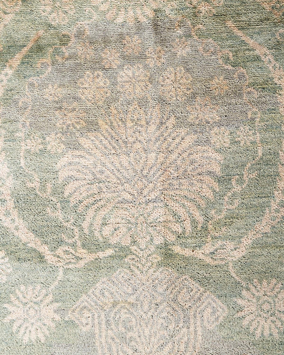 Indien Tapis traditionnel Ikat vert à fleurs noué à la main 9' 1