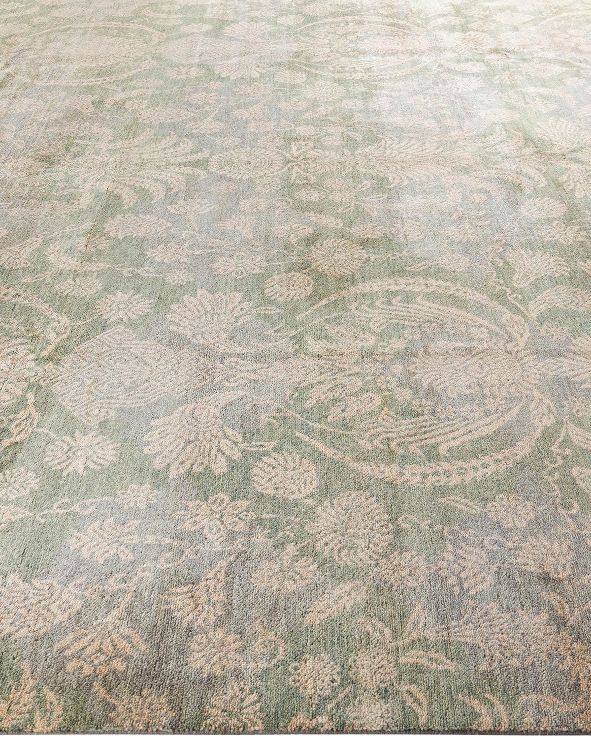 Noué à la main Tapis traditionnel Ikat vert à fleurs noué à la main 9' 1
