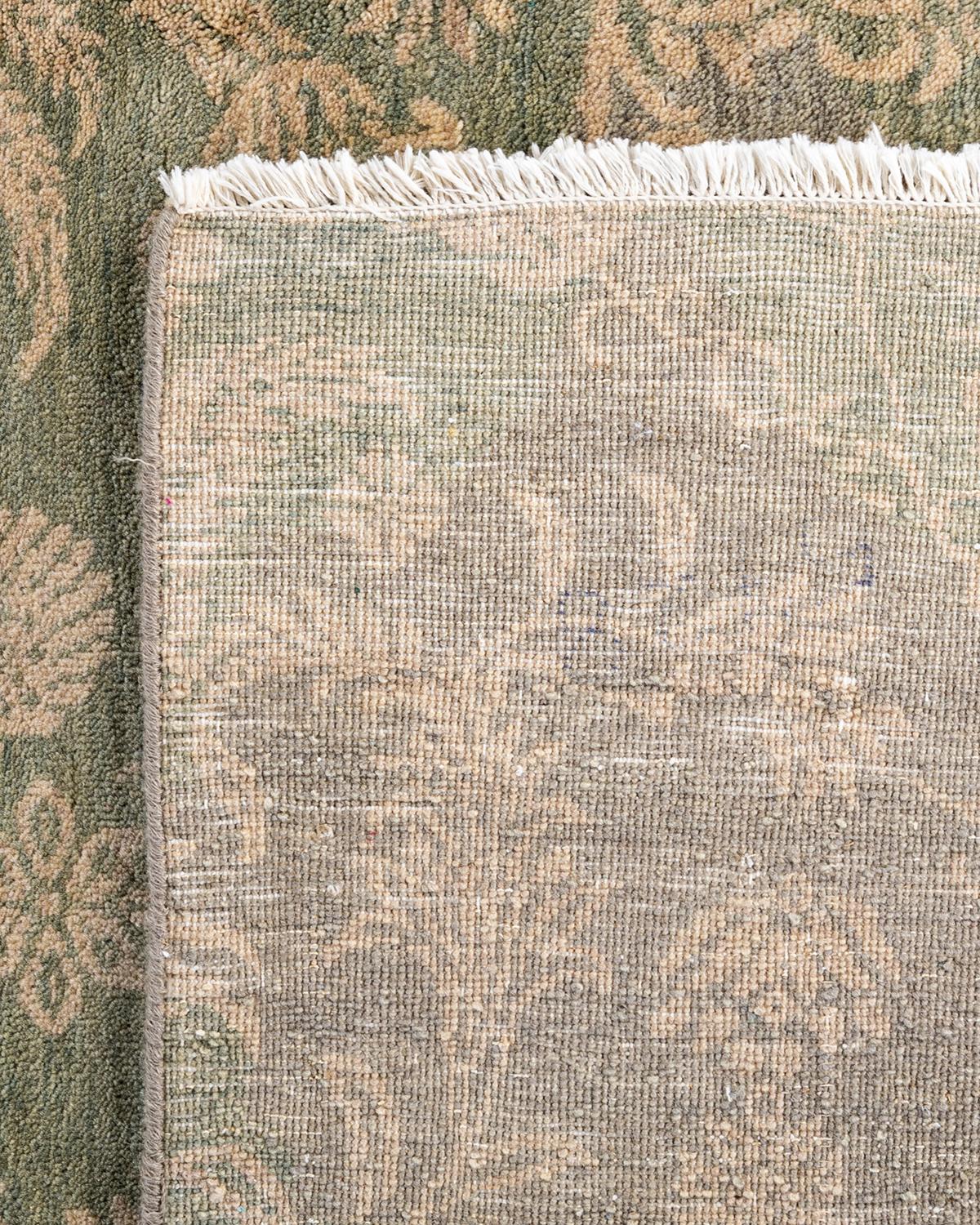 Tapis traditionnel Ikat vert à fleurs noué à la main 9' 1