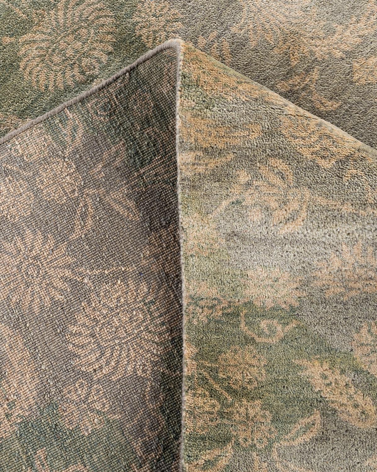 XXIe siècle et contemporain Tapis traditionnel Ikat vert à fleurs noué à la main 9' 1