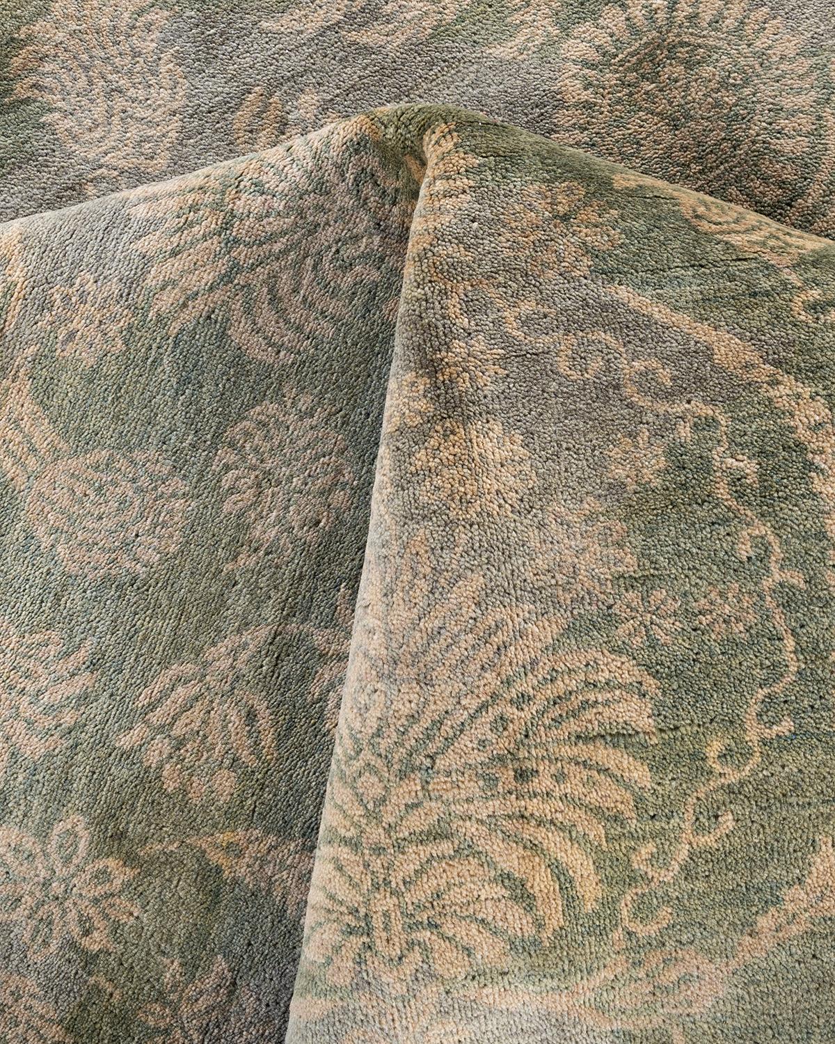 Laine Tapis traditionnel Ikat vert à fleurs noué à la main 9' 1