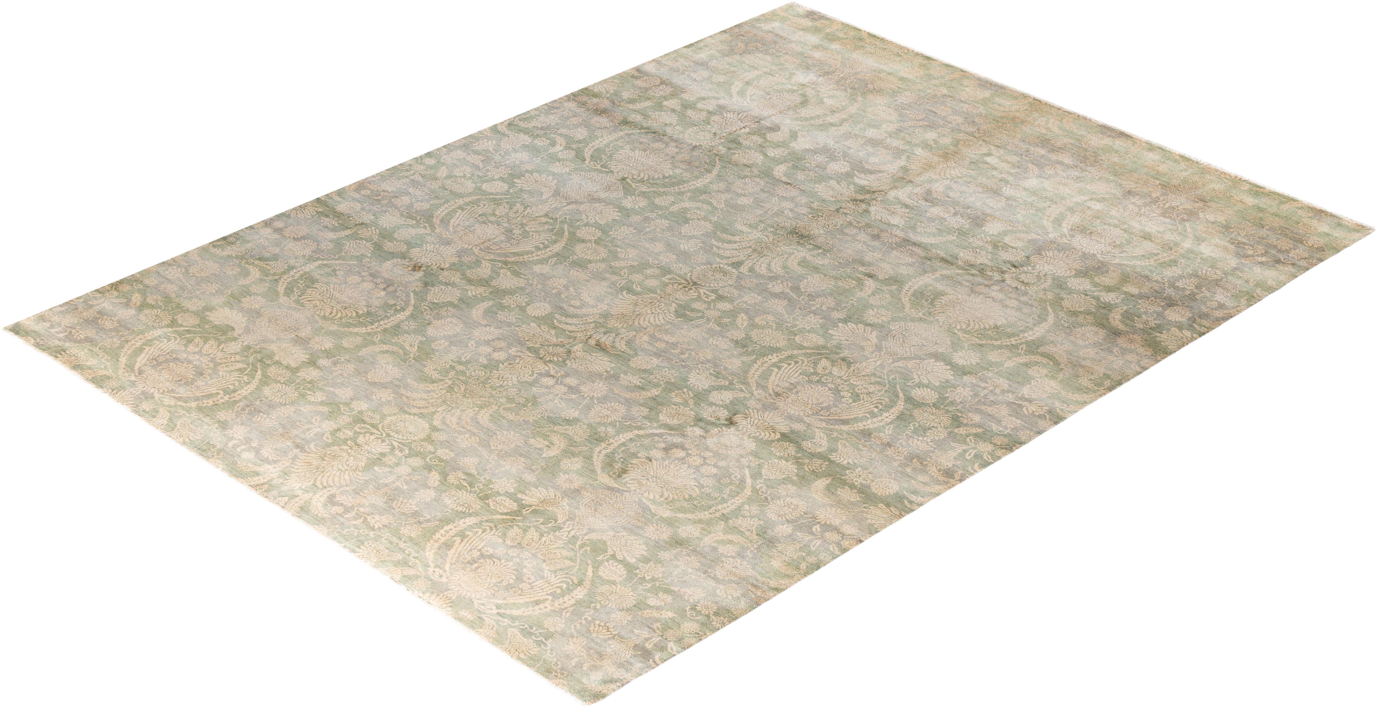 Tapis traditionnel Ikat vert à fleurs noué à la main 9' 1