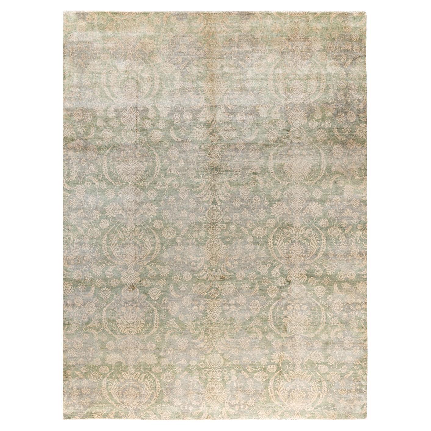 Tapis traditionnel Ikat vert à fleurs noué à la main 9' 1" x 12' 2"