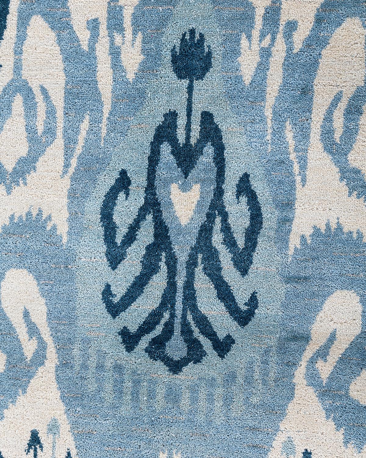 Alfombra Tradicional Ikat Floral Anudada a Mano de Lana Marfil 8' 0