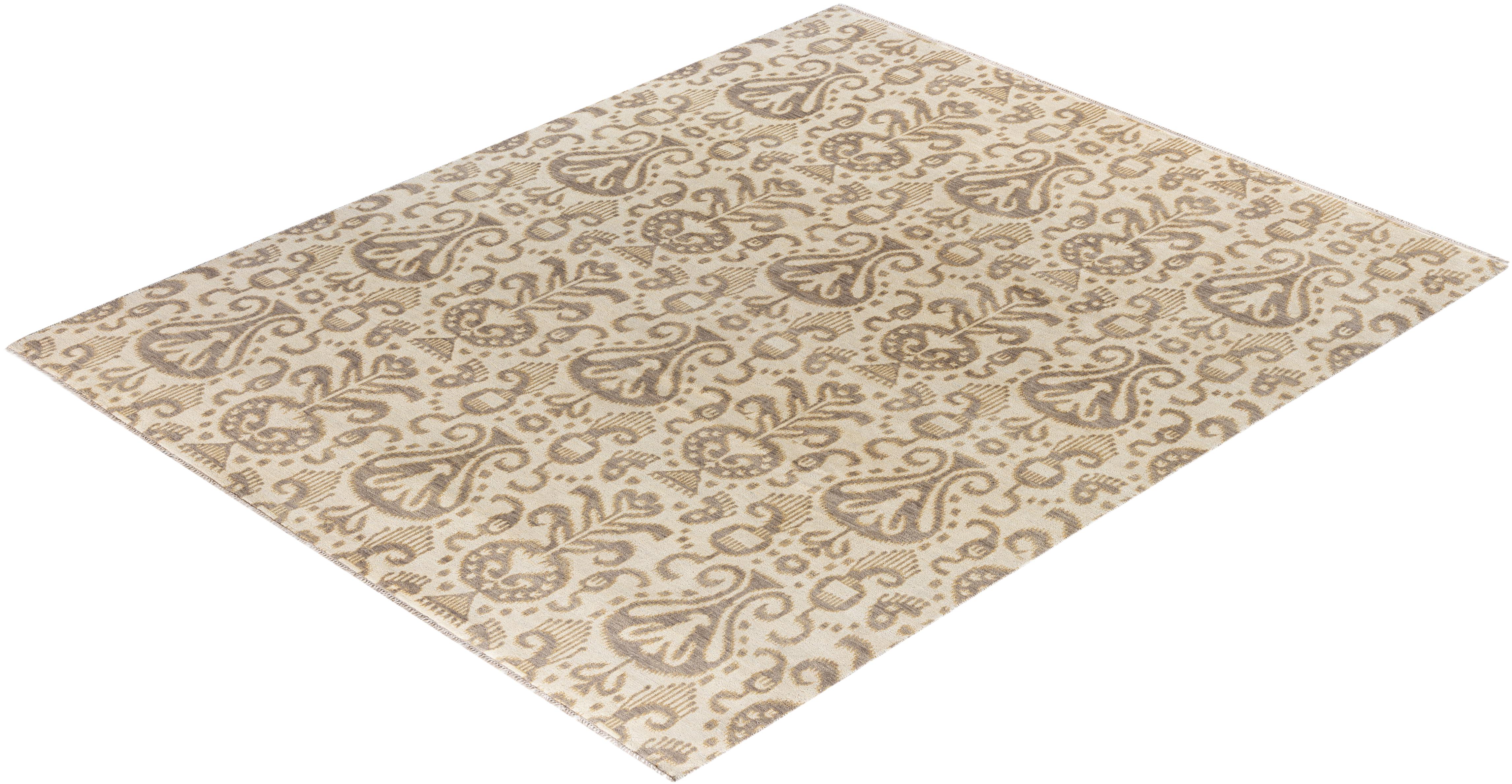 Tapis traditionnel Ikat ivoire à fleurs noué à la main 8' 3