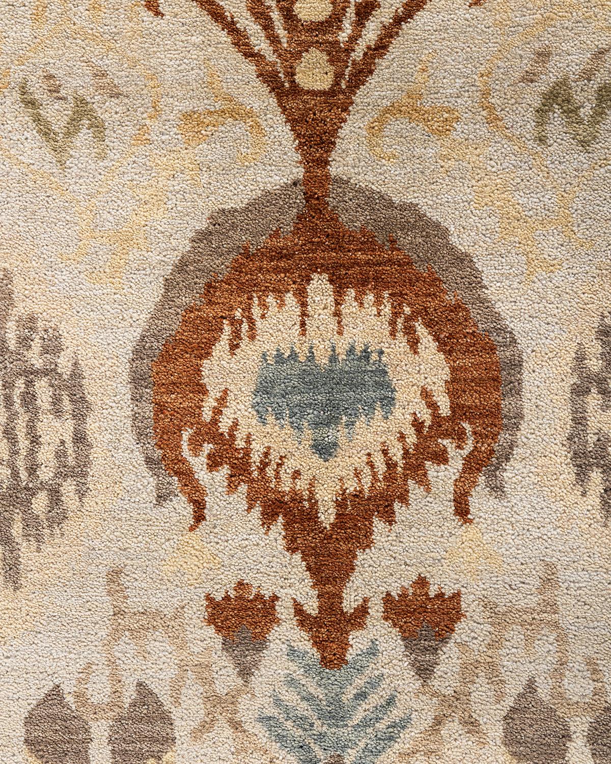 Indian Traditional Ikat Hand Knotted Floral Wool Ivory Area Rug 9' 3