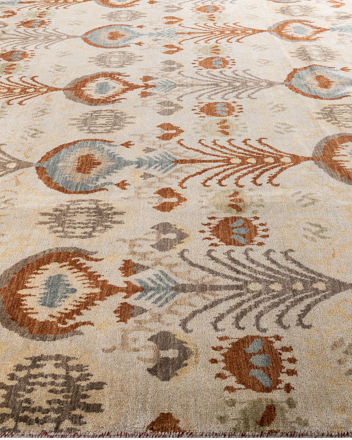 Hand-Knotted Traditional Ikat Hand Knotted Floral Wool Ivory Area Rug 9' 3