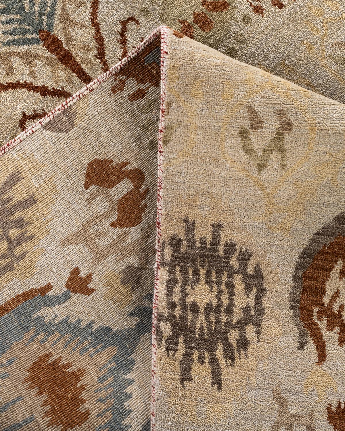 Contemporary Traditional Ikat Hand Knotted Floral Wool Ivory Area Rug 9' 3