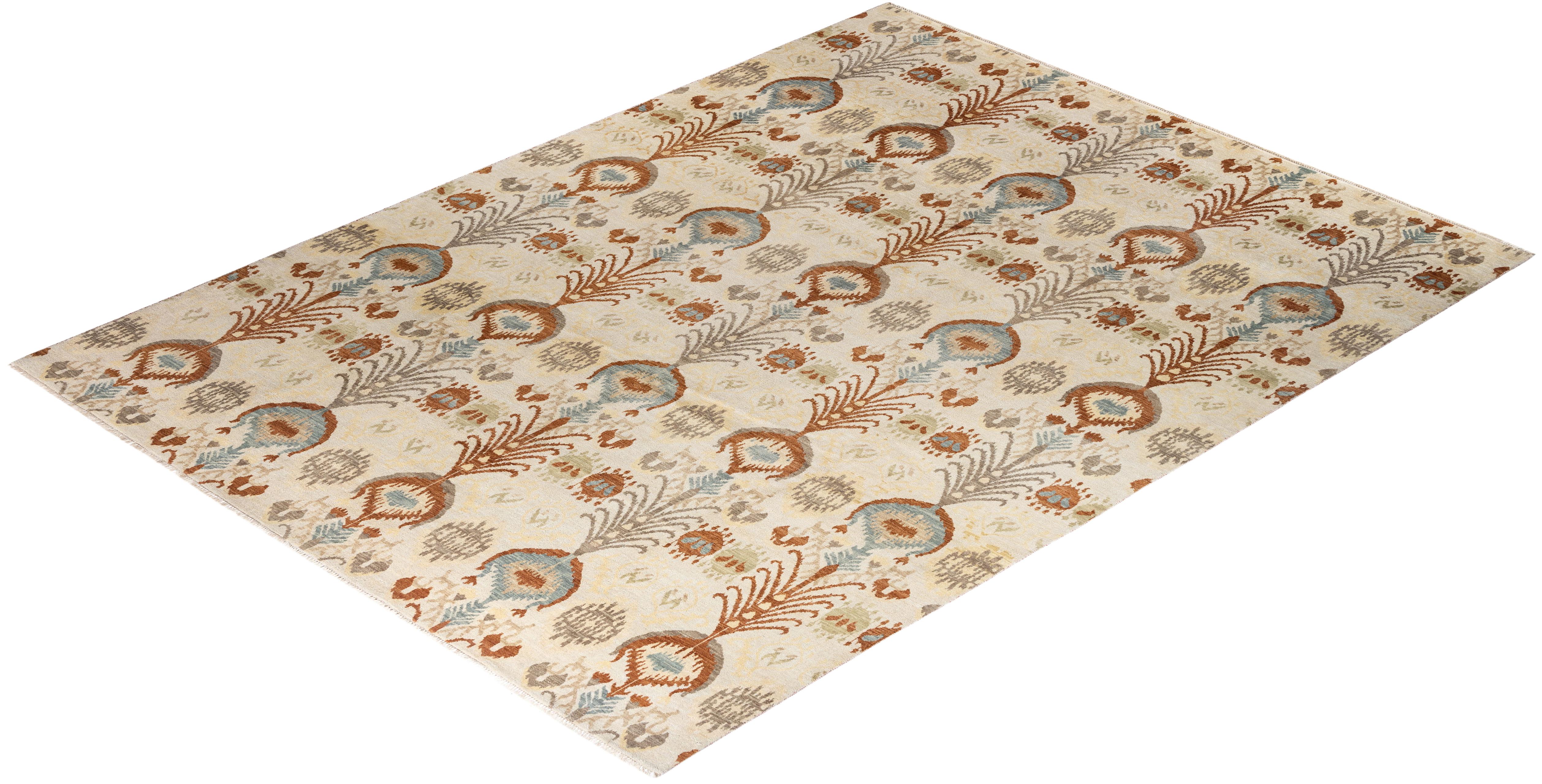 Traditional Ikat Hand Knotted Floral Wool Ivory Area Rug 9' 3