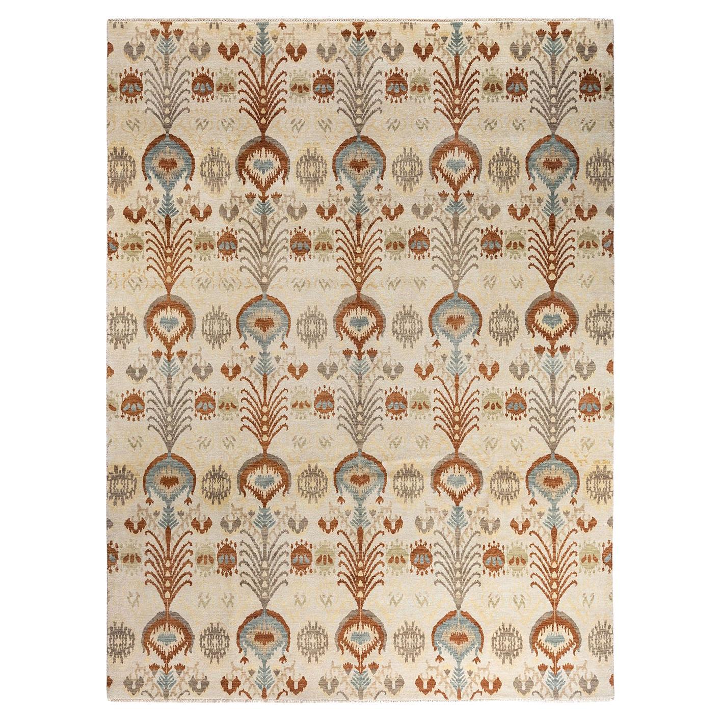 Traditional Ikat Hand Knotted Floral Wool Ivory Area Rug 9' 3" x 12' 4"
