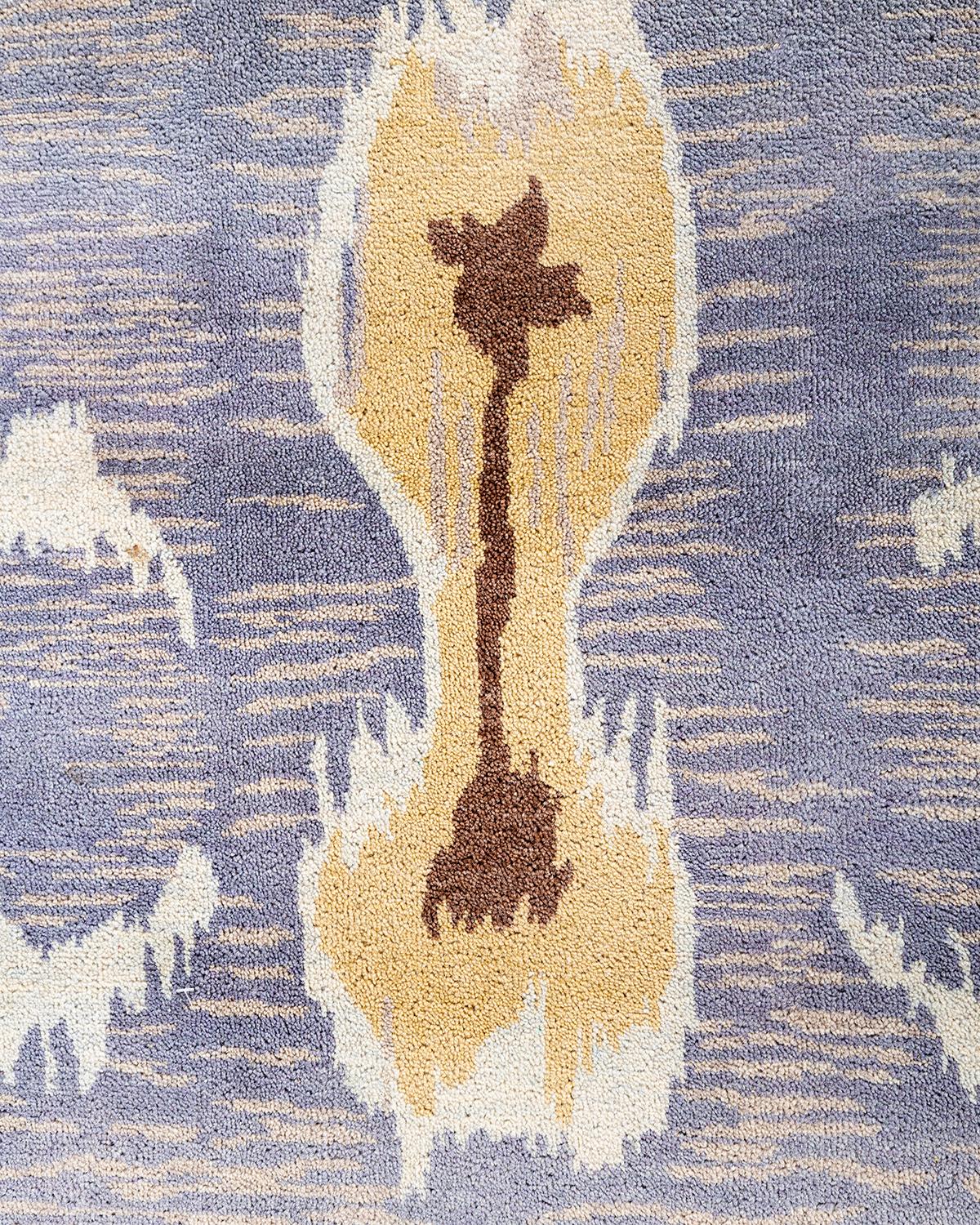 Indian Traditional Ikat Hand Knotted Floral Wool Purple Area Rug 9' 1