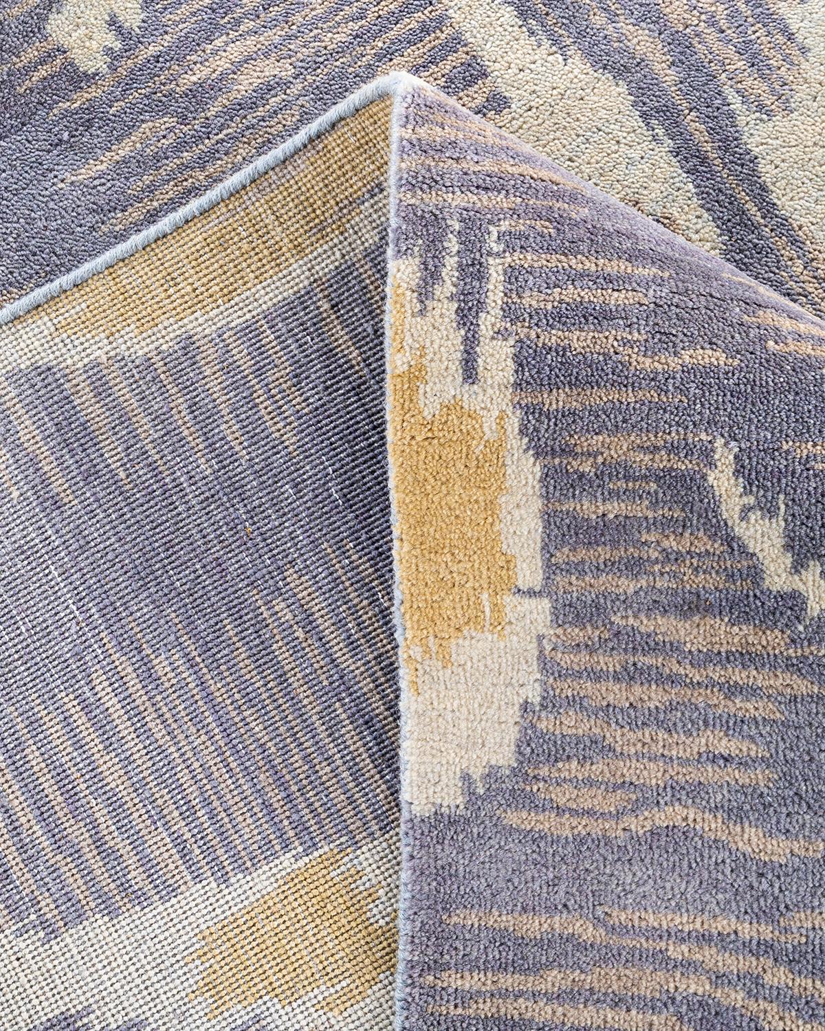 Contemporary Traditional Ikat Hand Knotted Floral Wool Purple Area Rug 9' 1