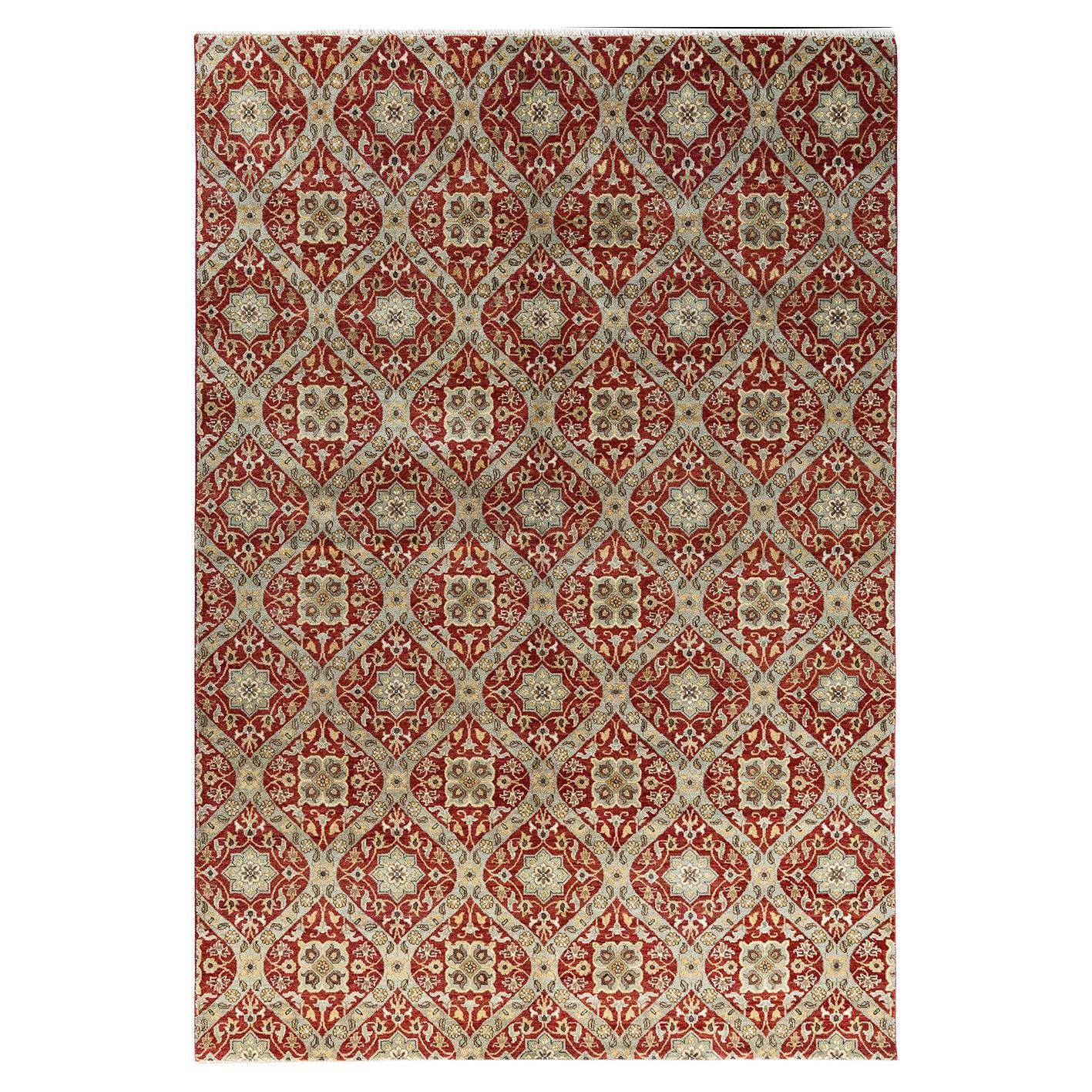 Tappeto tradizionale Ikat annodato a mano in lana floreale rosso 6' 8" x 9' 8"
