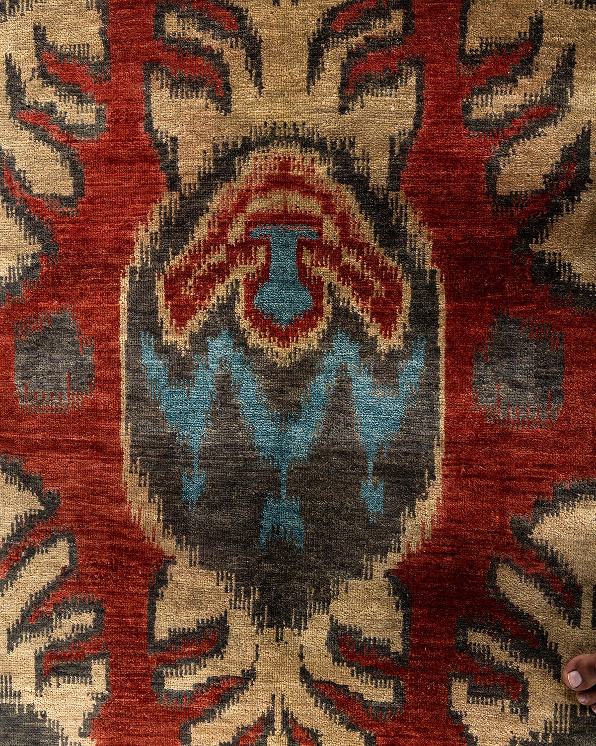 Indien Tapis traditionnel Ikat rouge en laine à motifs floraux noués à la main 9' 1
