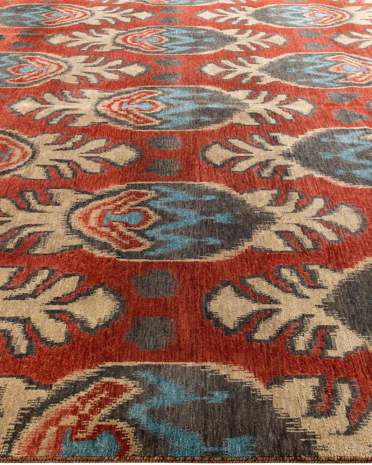 Noué à la main Tapis traditionnel Ikat rouge en laine à motifs floraux noués à la main 9' 1
