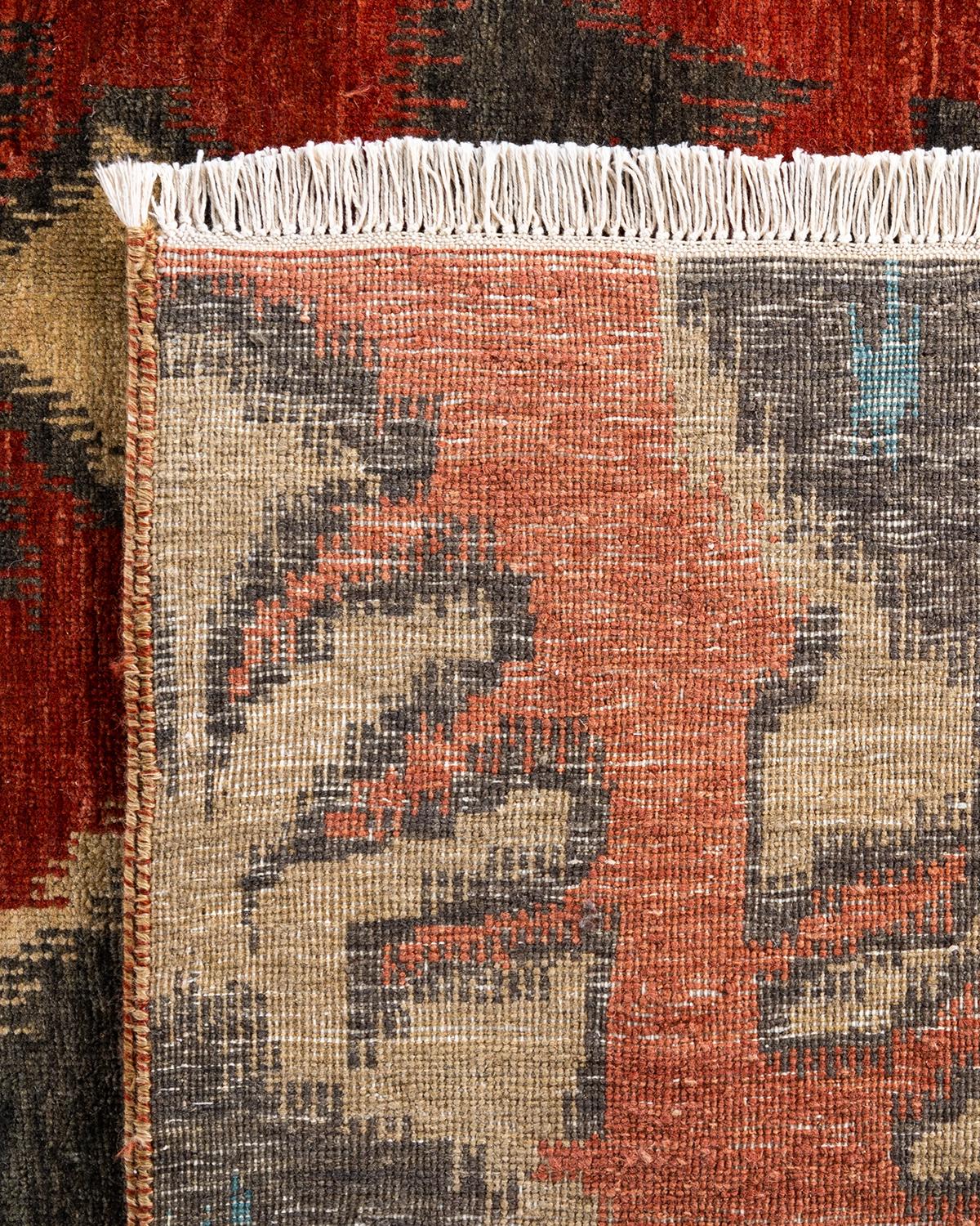 Tapis traditionnel Ikat rouge en laine à motifs floraux noués à la main 9' 1