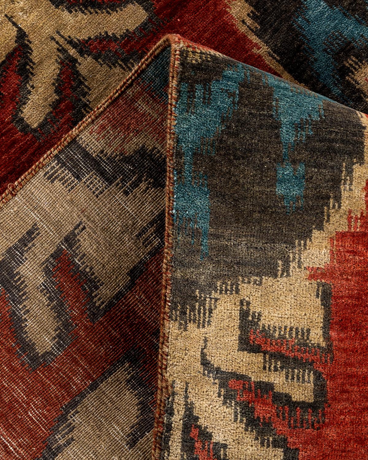 XXIe siècle et contemporain Tapis traditionnel Ikat rouge en laine à motifs floraux noués à la main 9' 1