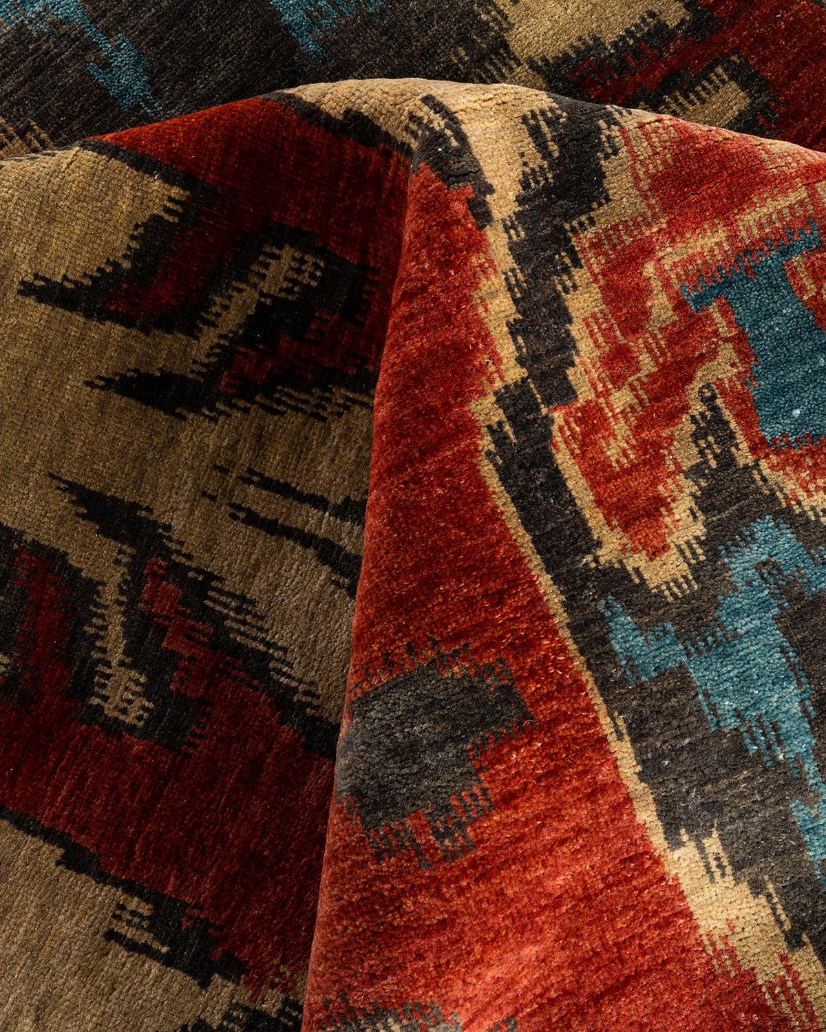 Laine Tapis traditionnel Ikat rouge en laine à motifs floraux noués à la main 9' 1