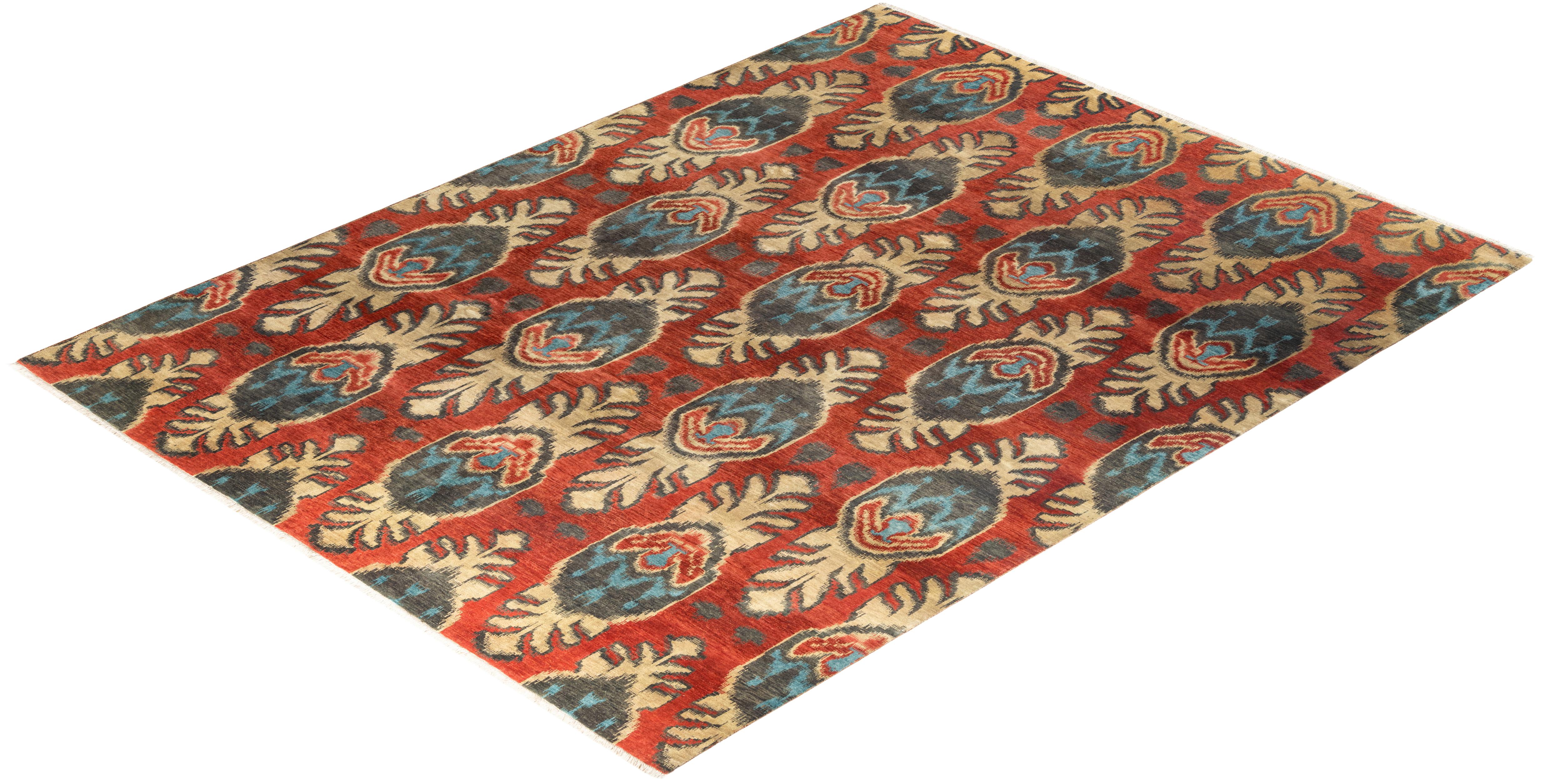 Tapis traditionnel Ikat rouge en laine à motifs floraux noués à la main 9' 1