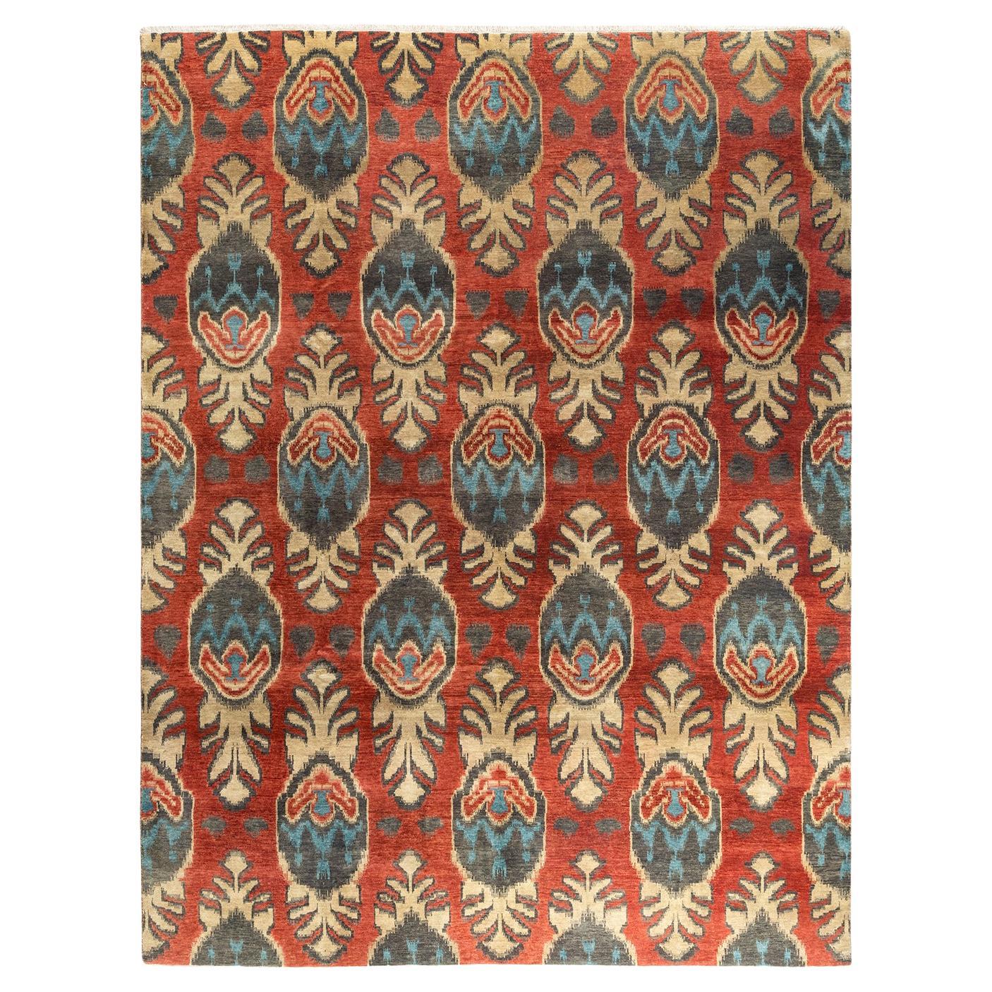 Traditional Ikat Hand Knotted Floral Wool Red Area Rug 9' 1" x 11' 9"