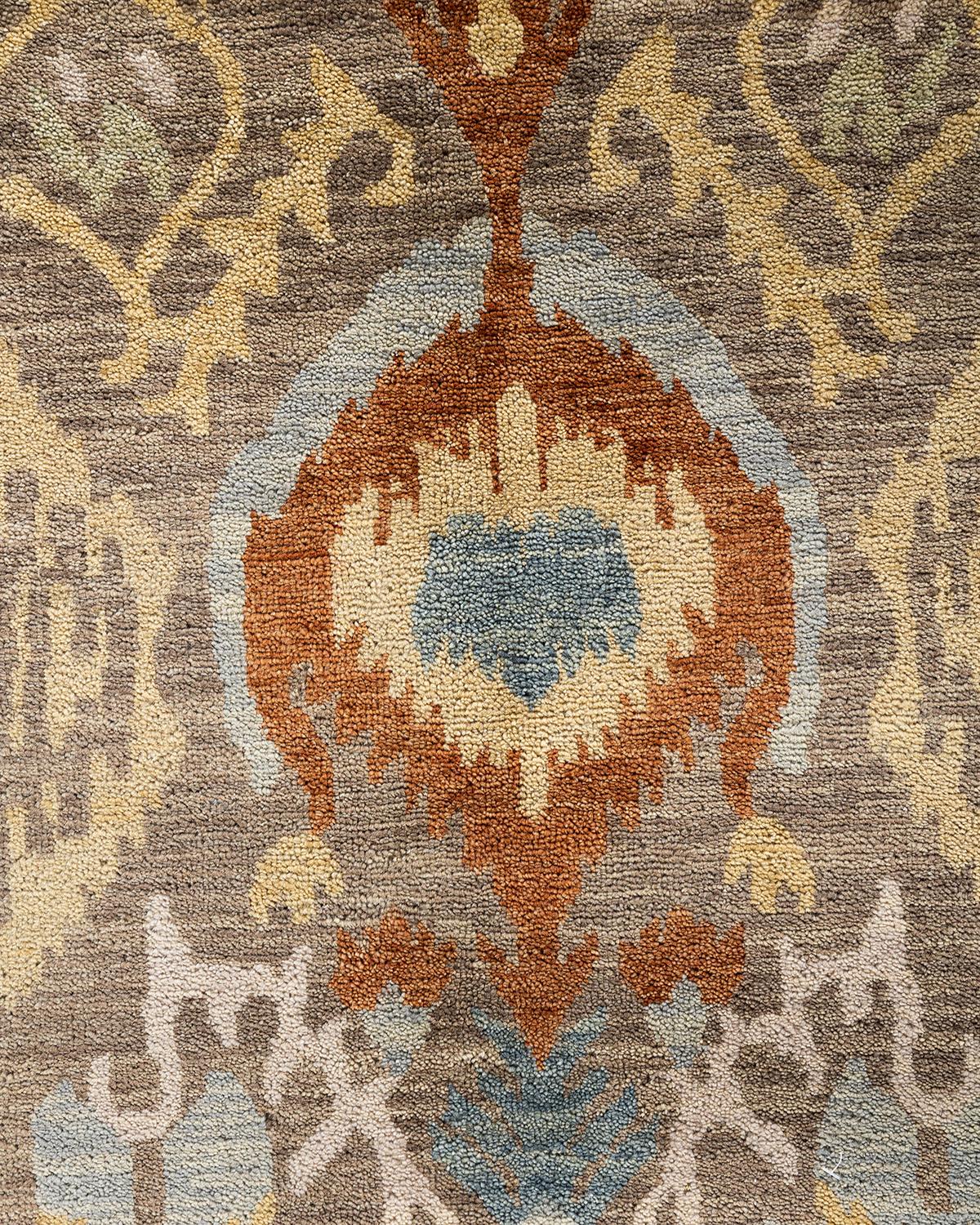 Indiano Traditional Ikat Hand Knots Rugs, tappeto floreale in lana color ruggine, 9' 0
