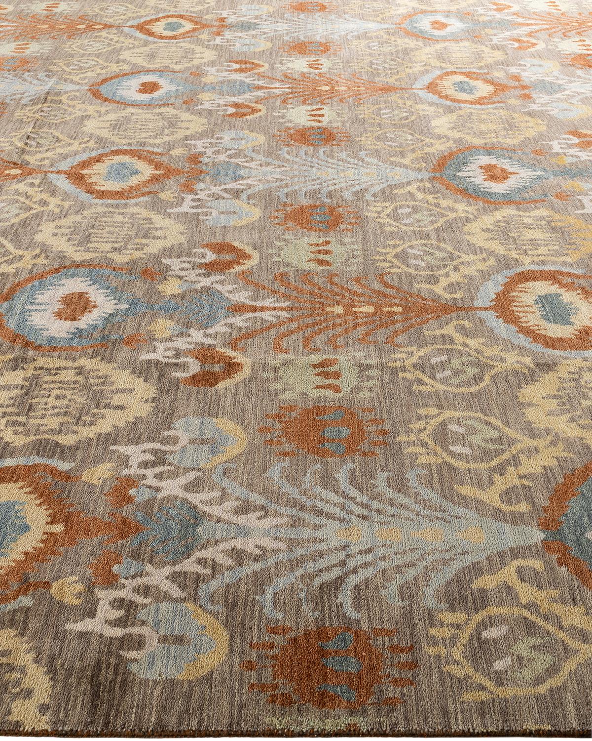 Annodato a mano Traditional Ikat Hand Knots Rugs, tappeto floreale in lana color ruggine, 9' 0
